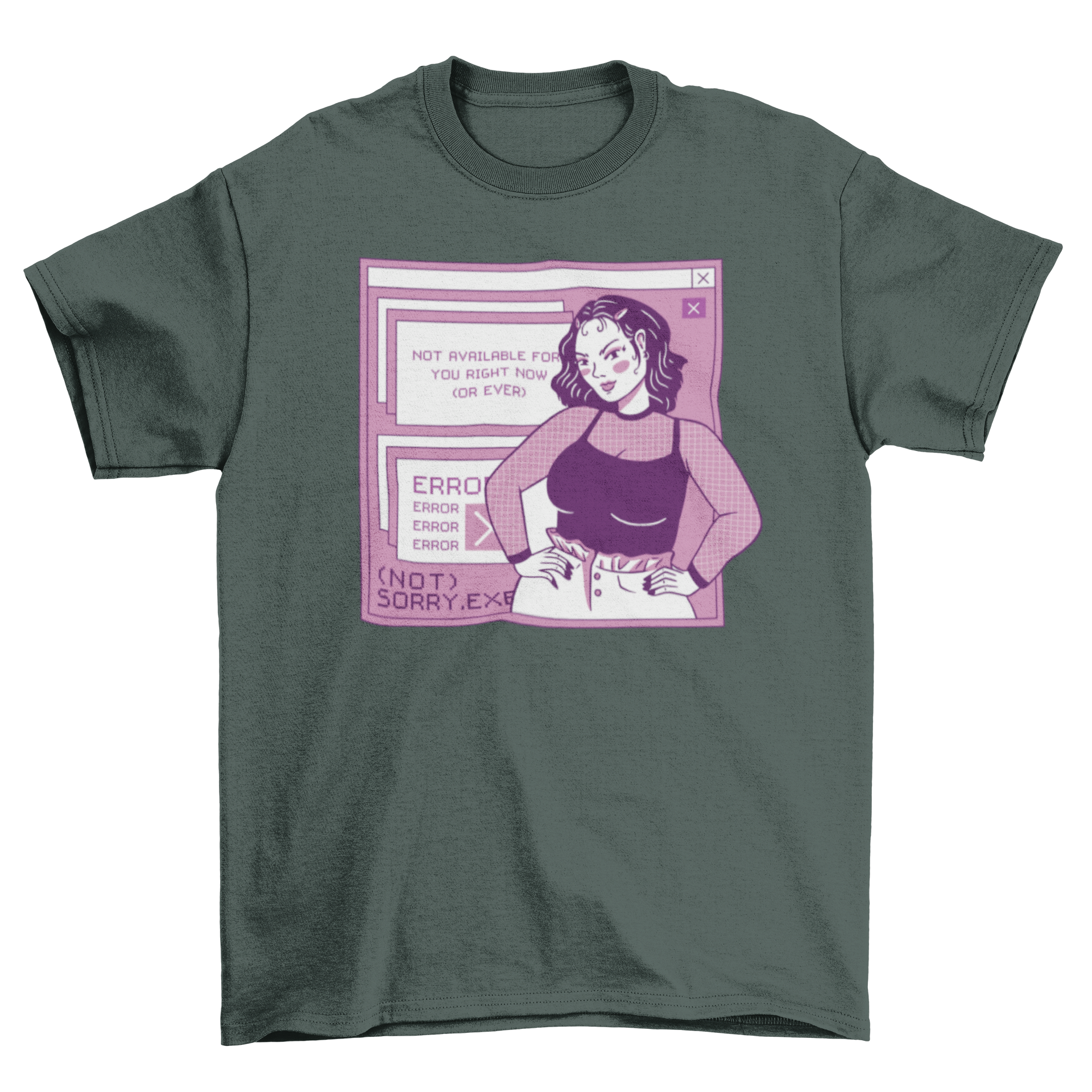 Sassy 2000s Not Available Girl T-Shirt featuring a woman in a computer code error style with a humorous quote.