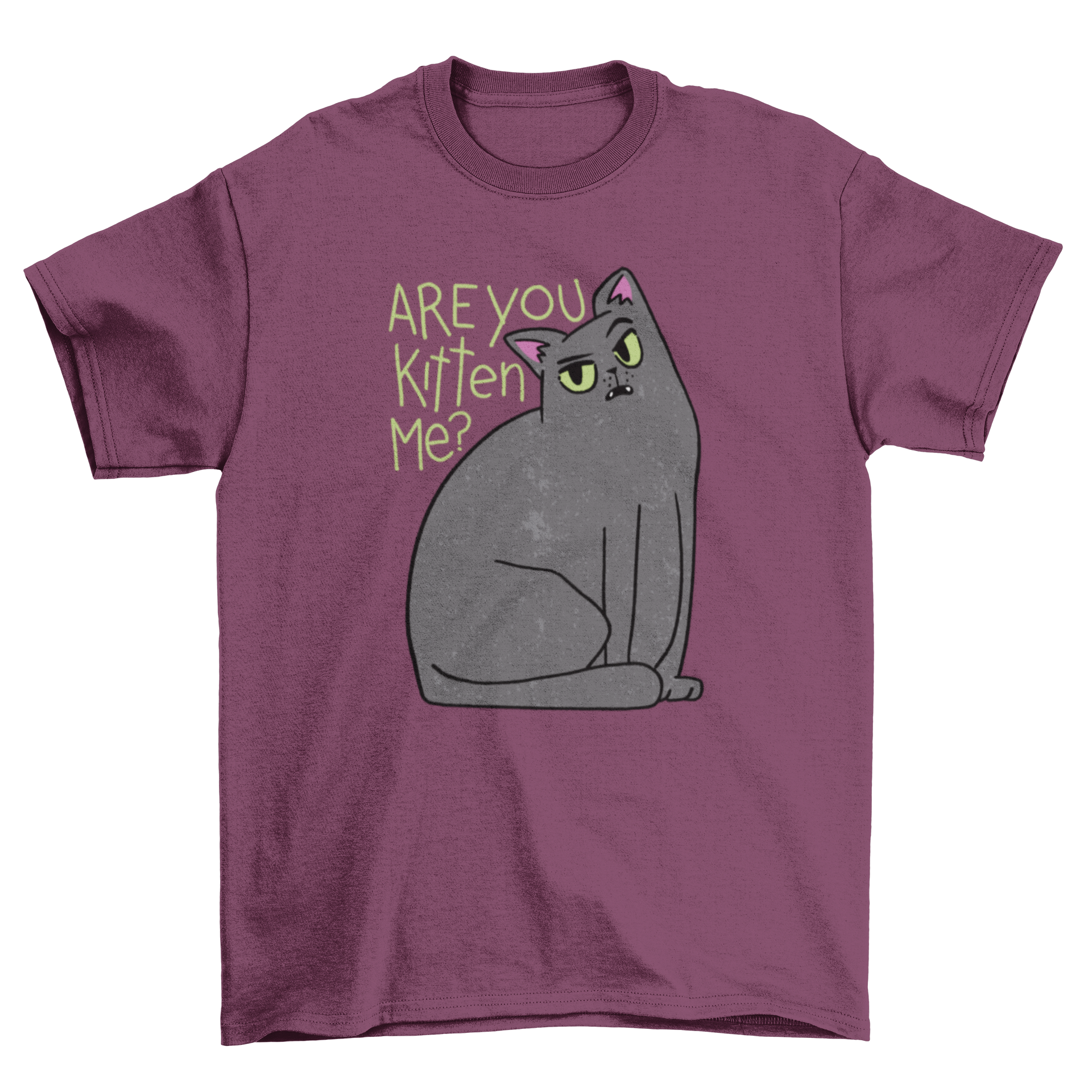 A humorous black t-shirt featuring a playful black cat graphic with the text 'Are you kitten me?'