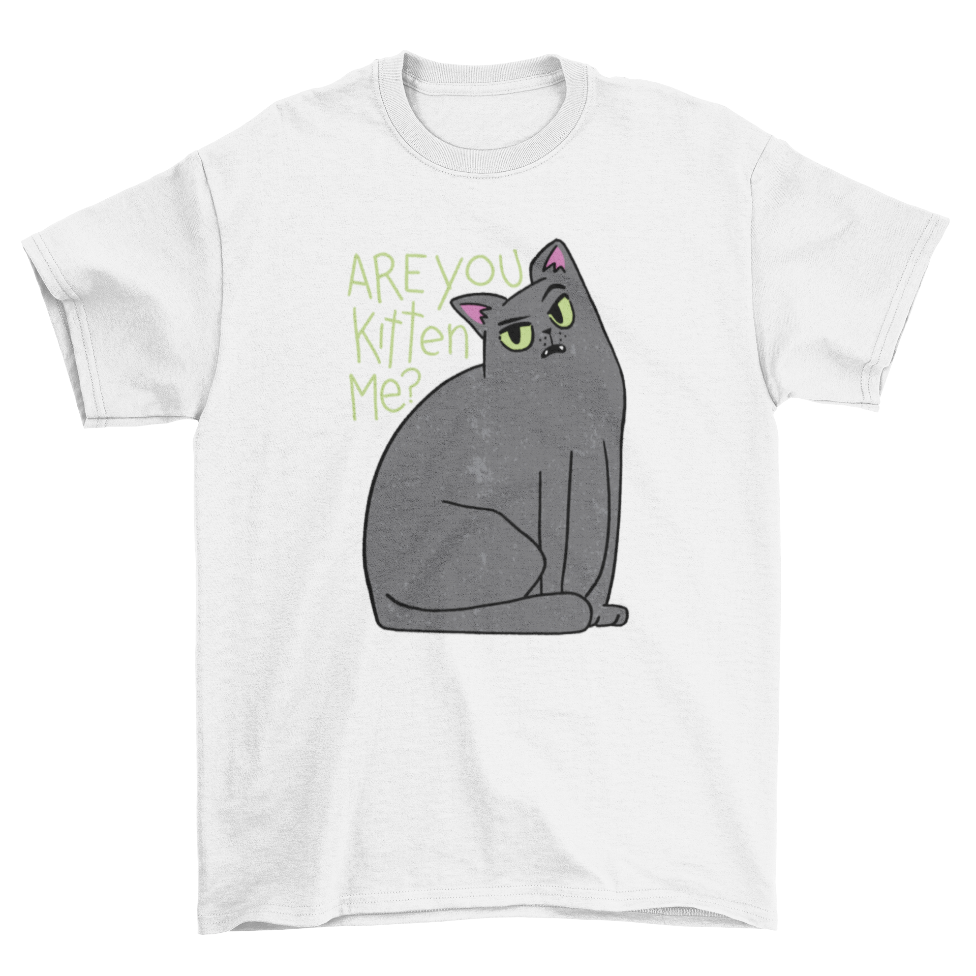 A humorous black t-shirt featuring a playful black cat graphic with the text 'Are you kitten me?'