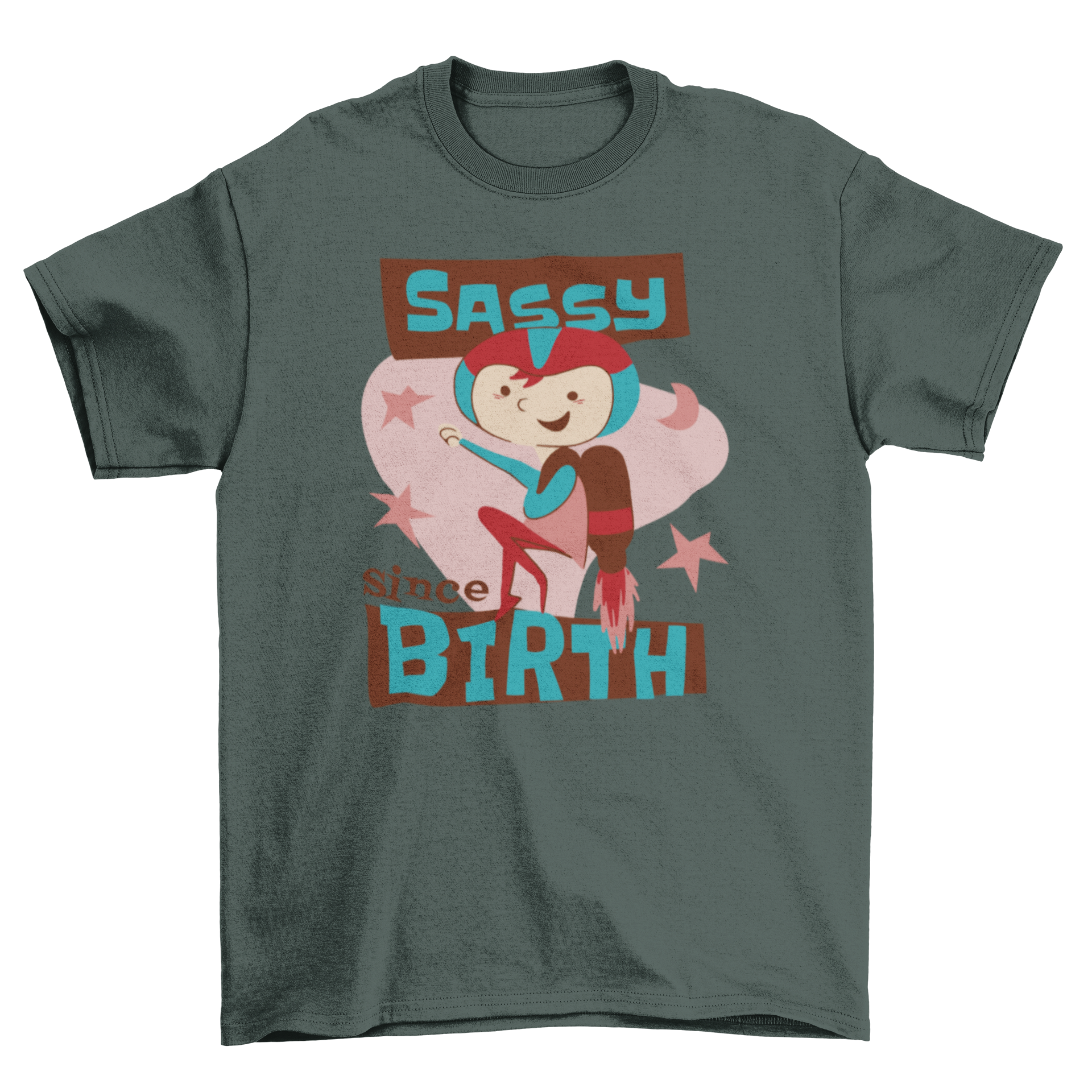 A colorful t-shirt featuring a kid in a jetpack with the quote 'Sassy since birth'.