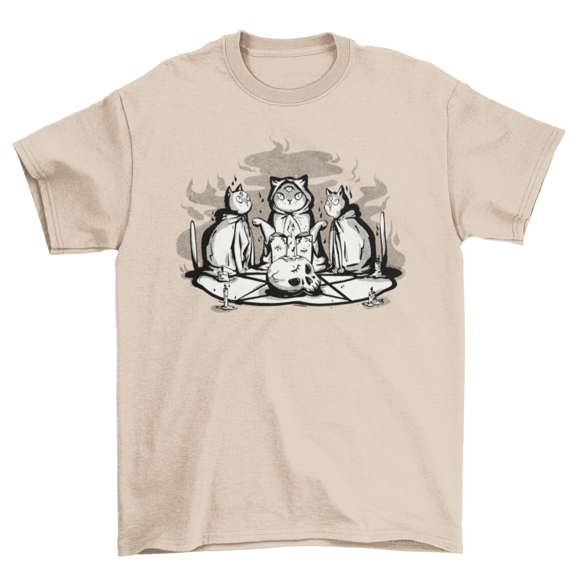 A black t-shirt featuring three cats performing a satanic ritual, showcasing a unique and edgy design.