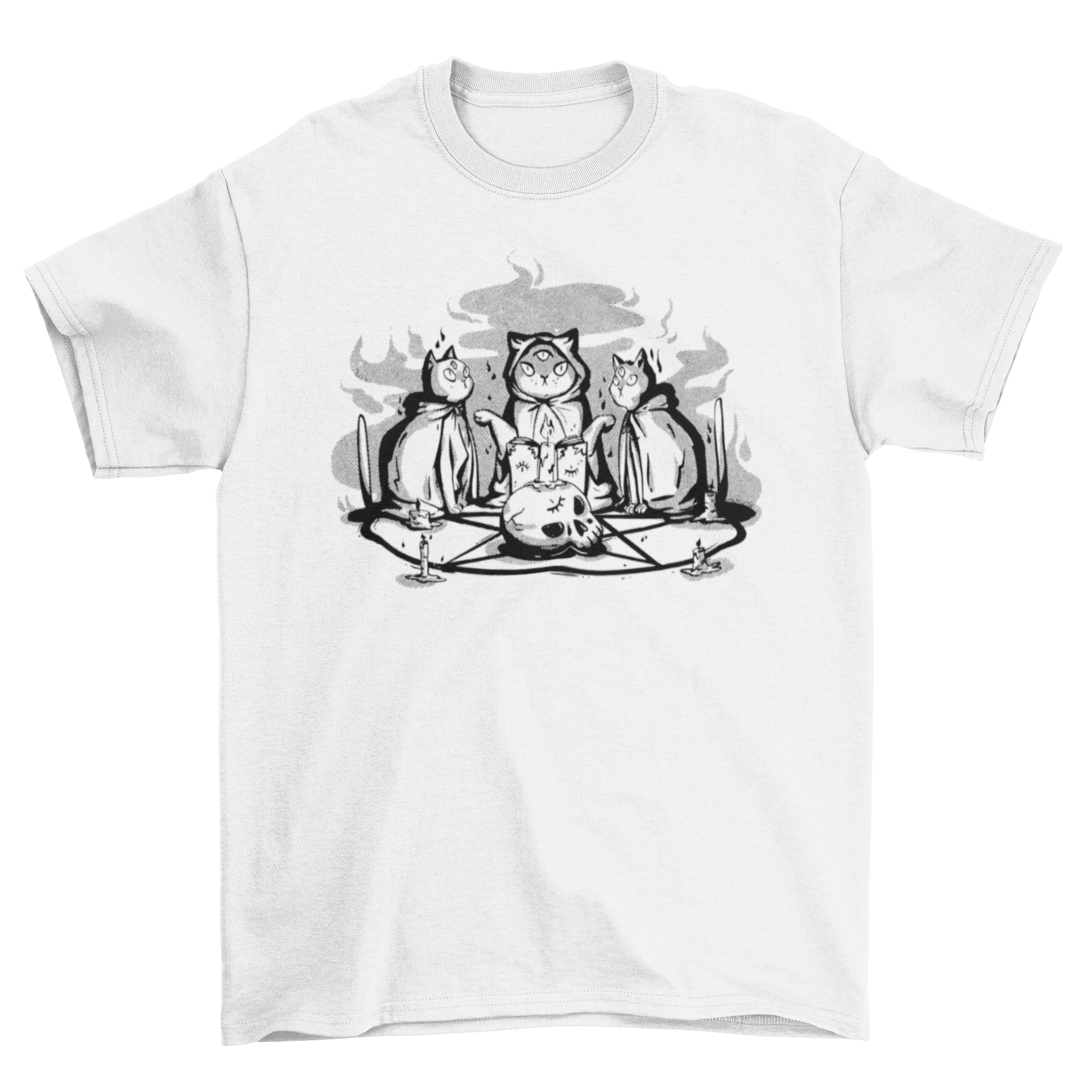 A black t-shirt featuring three cats performing a satanic ritual, showcasing a unique and edgy design.