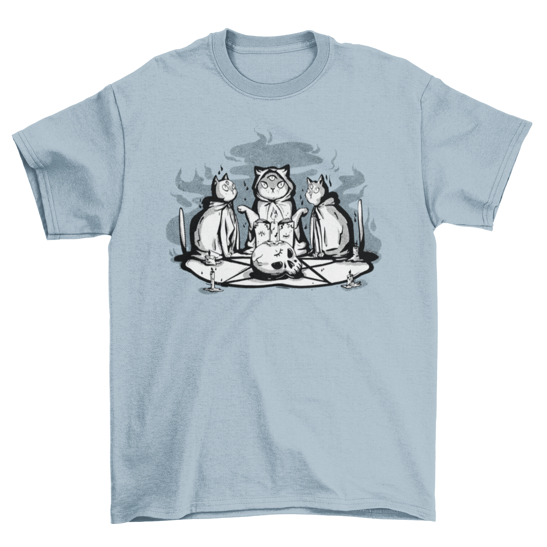 A black t-shirt featuring three cats performing a satanic ritual, showcasing a unique and edgy design.