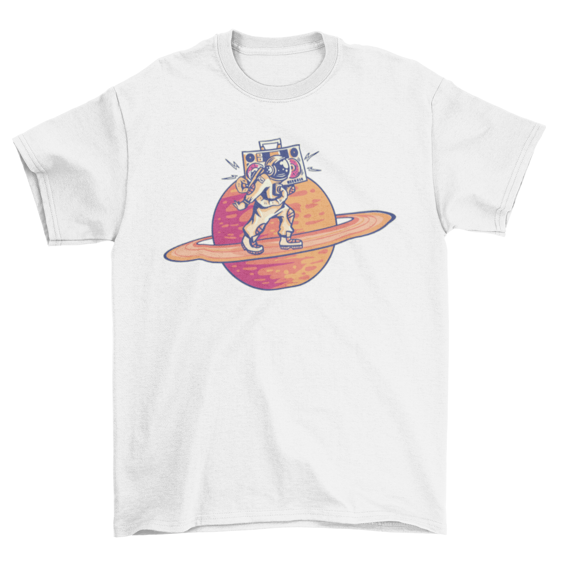 A stylish Saturn astronaut t-shirt featuring an astronaut with a boombox walking on the rings of Saturn, showcasing a vibrant and unique design.