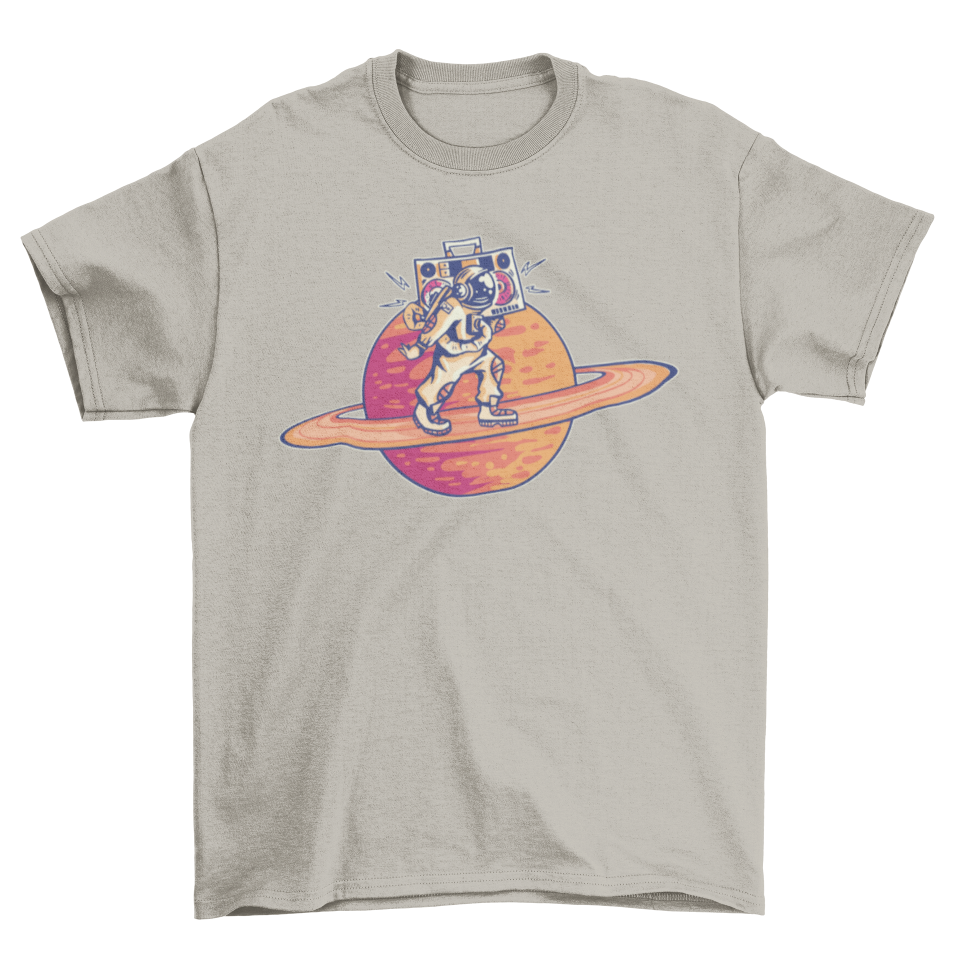 A stylish Saturn astronaut t-shirt featuring an astronaut with a boombox walking on the rings of Saturn, showcasing a vibrant and unique design.