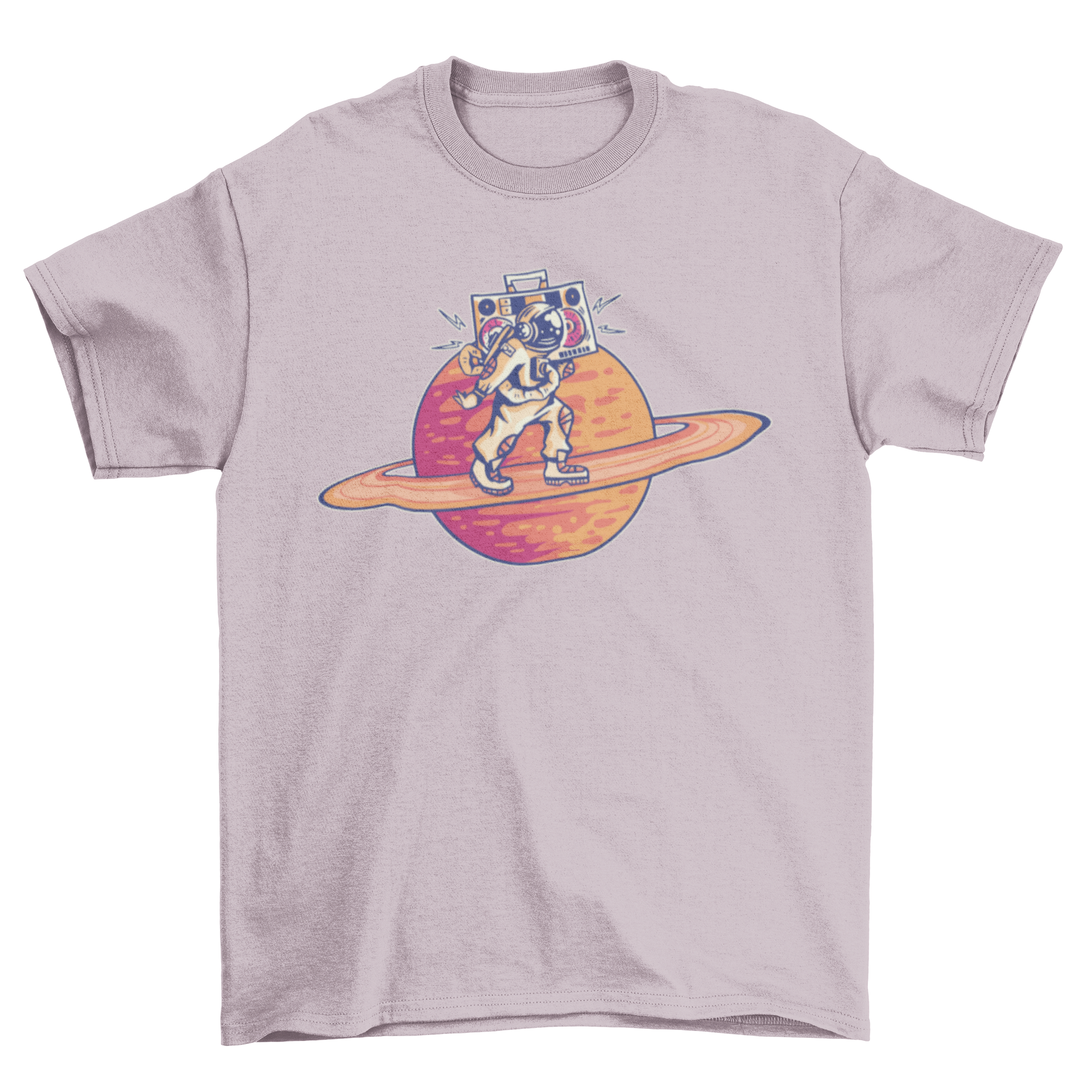 A stylish Saturn astronaut t-shirt featuring an astronaut with a boombox walking on the rings of Saturn, showcasing a vibrant and unique design.