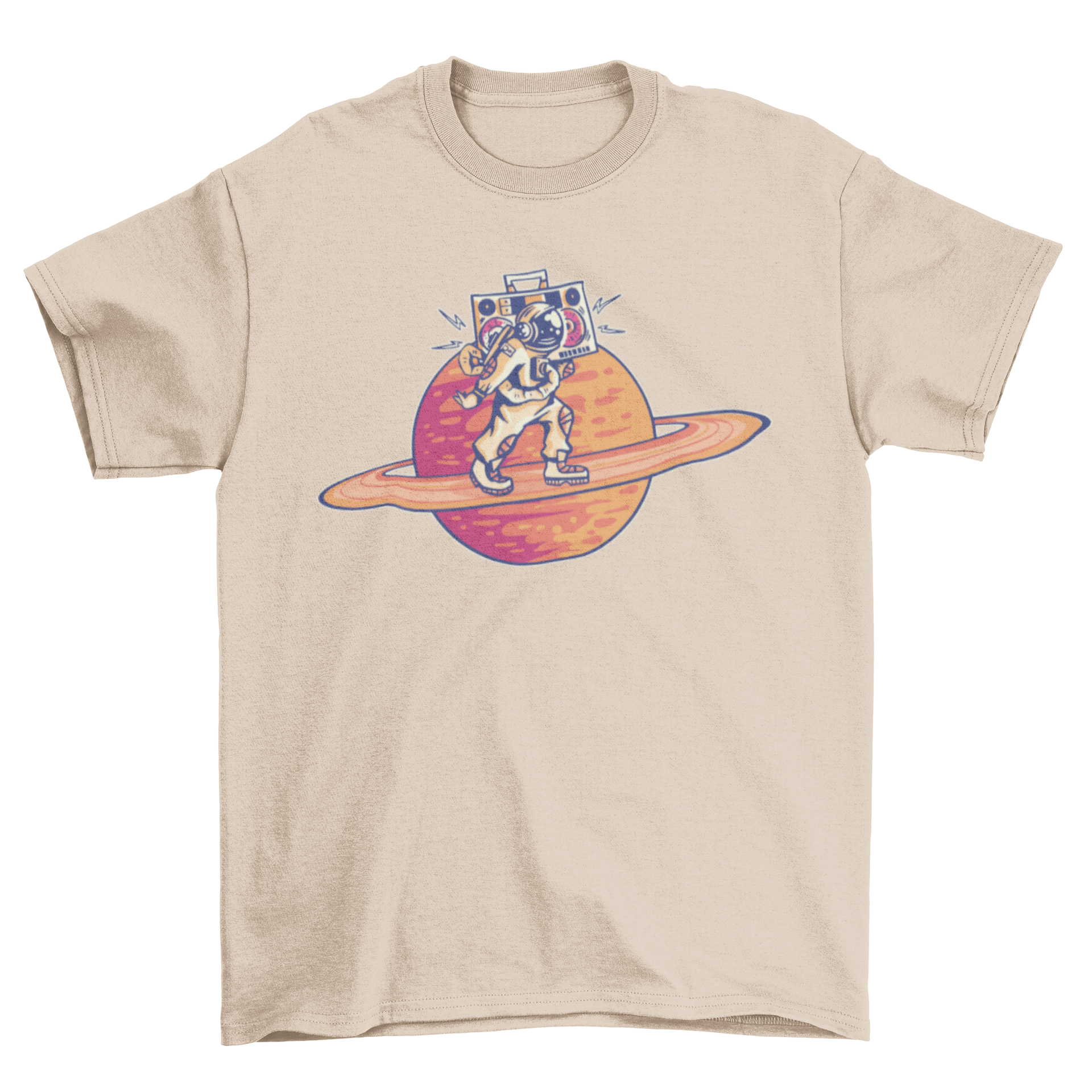 A stylish Saturn astronaut t-shirt featuring an astronaut with a boombox walking on the rings of Saturn, showcasing a vibrant and unique design.