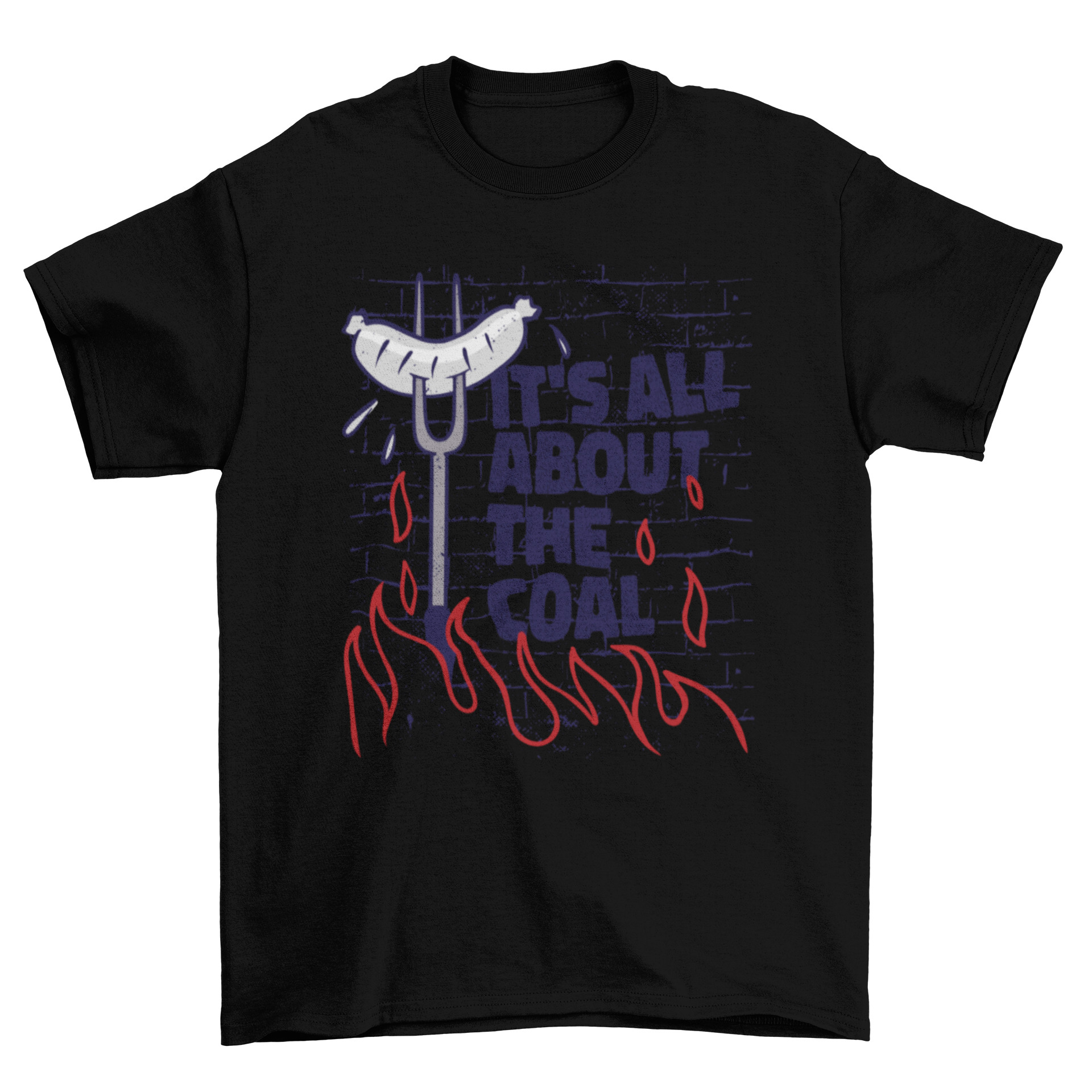 Sausage grilling t-shirt design featuring a sausage over fire with the quote 'It's about the coal'.