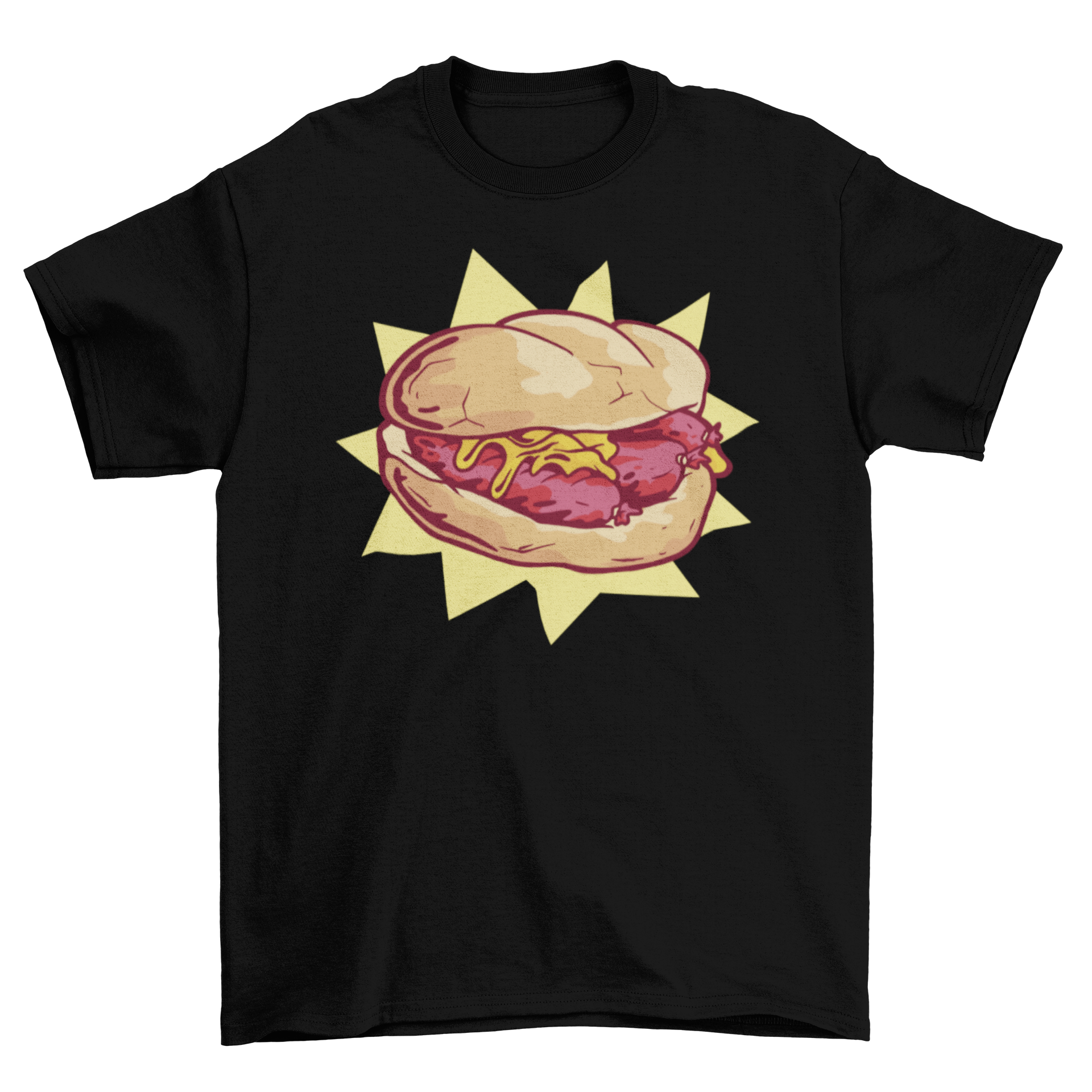 A stylish t-shirt featuring a colorful illustration of a sausage sandwich, perfect for food lovers.