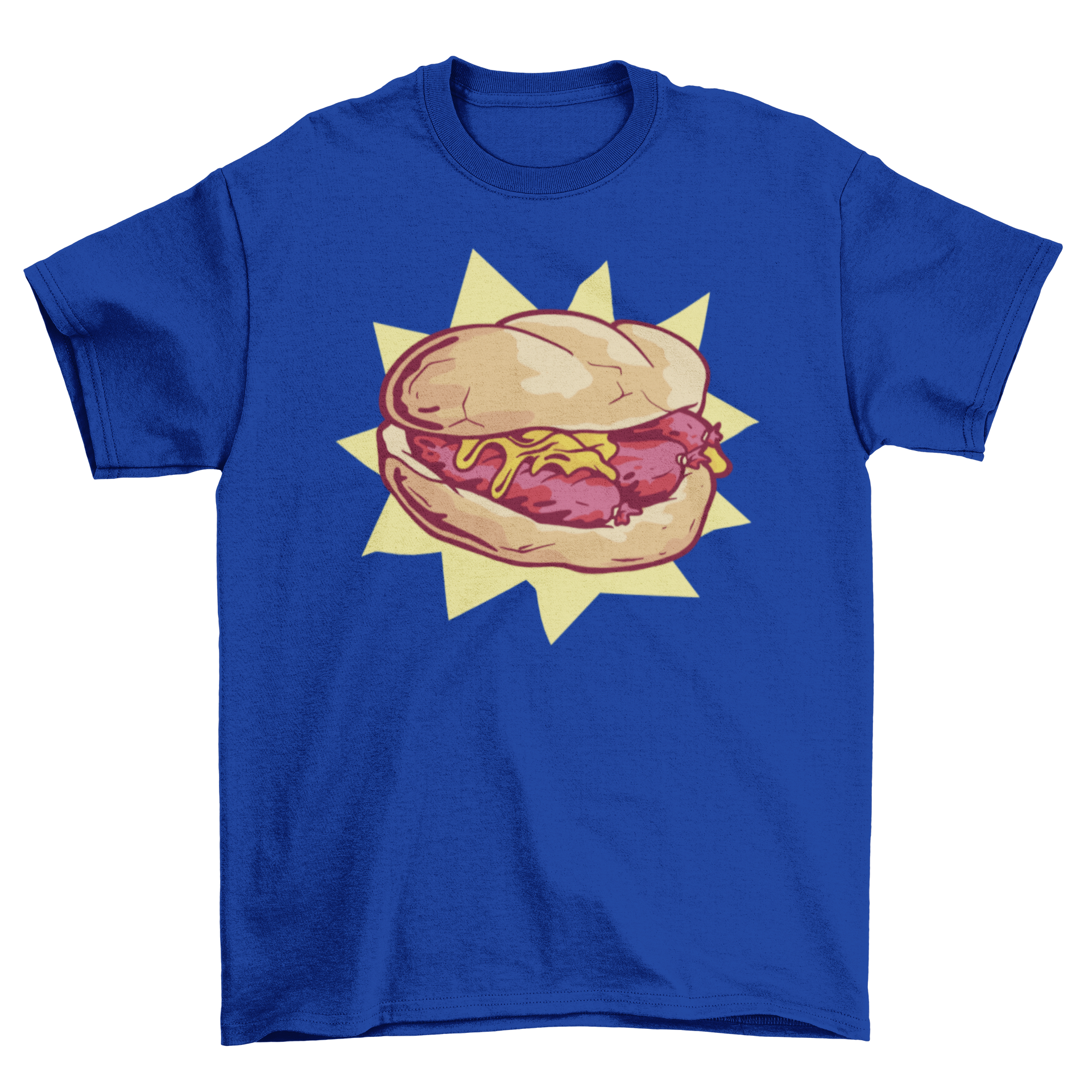 A stylish t-shirt featuring a colorful illustration of a sausage sandwich, perfect for food lovers.