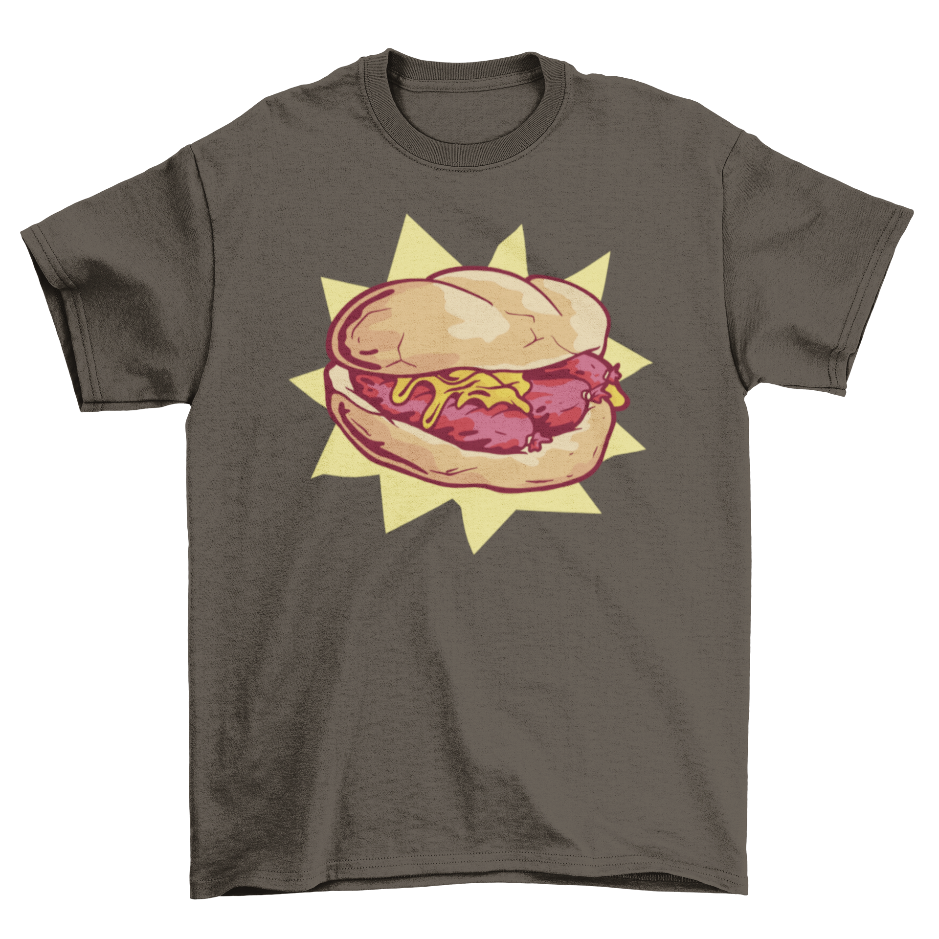 A stylish t-shirt featuring a colorful illustration of a sausage sandwich, perfect for food lovers.