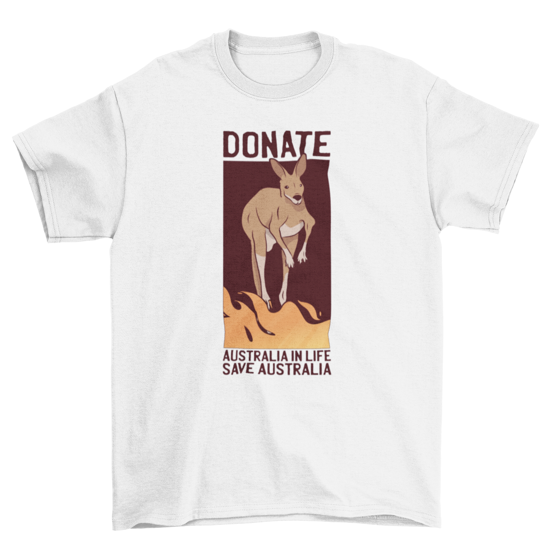 Save Australia Donate T-shirt featuring a kangaroo escaping flames with a conservation message.