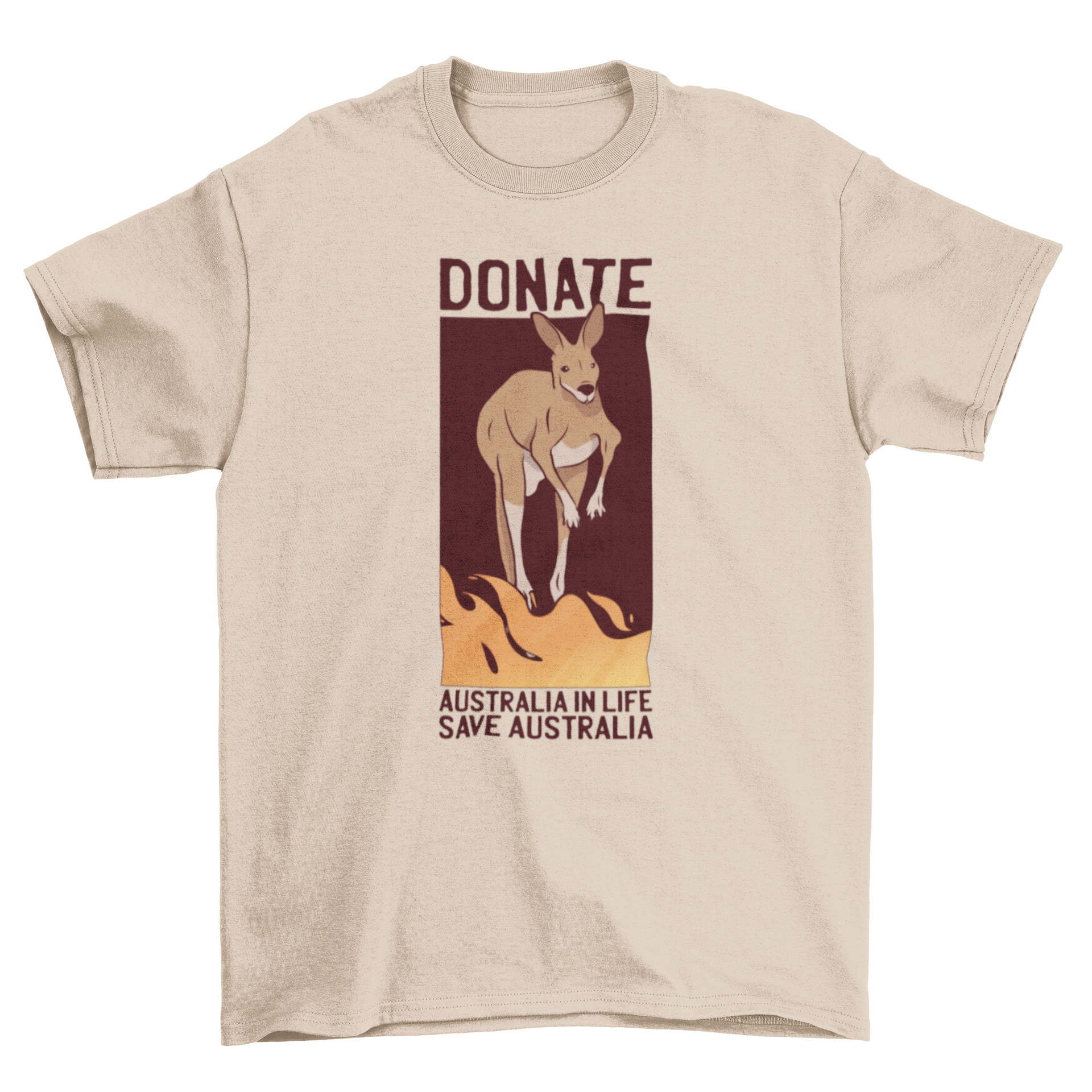 Save Australia Donate T-shirt featuring a kangaroo escaping flames with a conservation message.