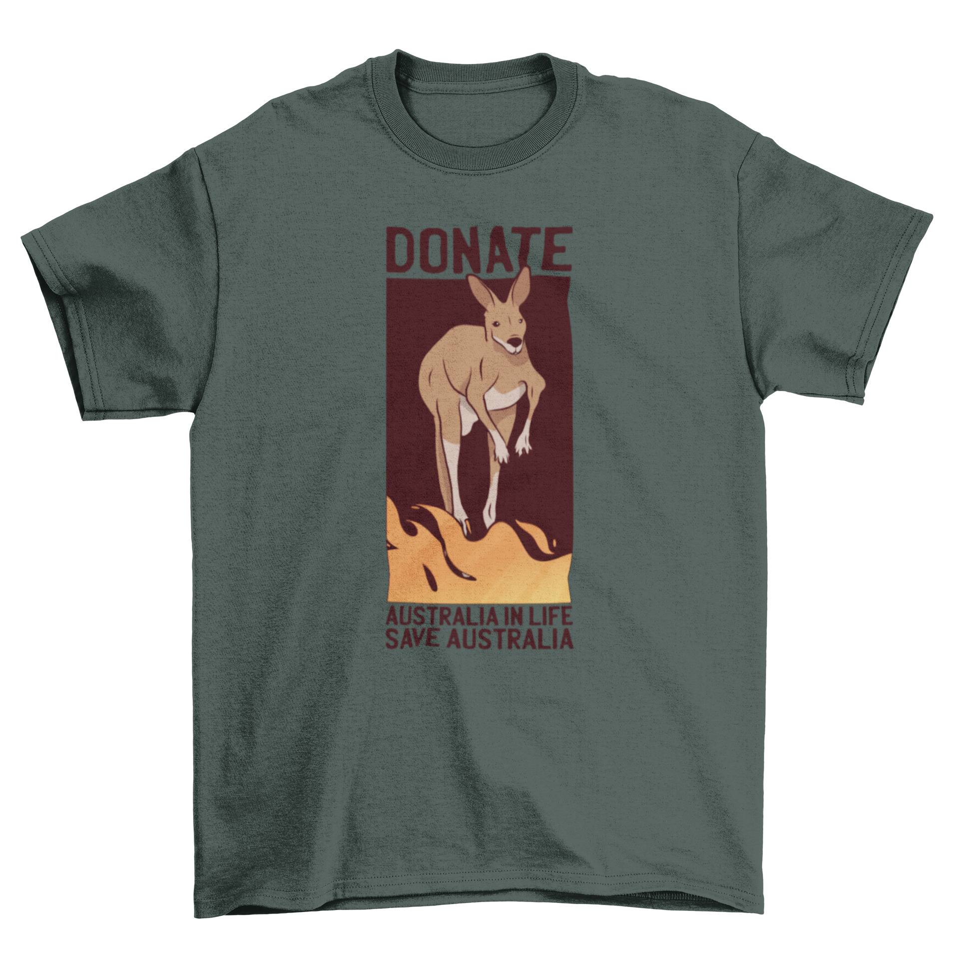 Save Australia Donate T-shirt featuring a kangaroo escaping flames with a conservation message.