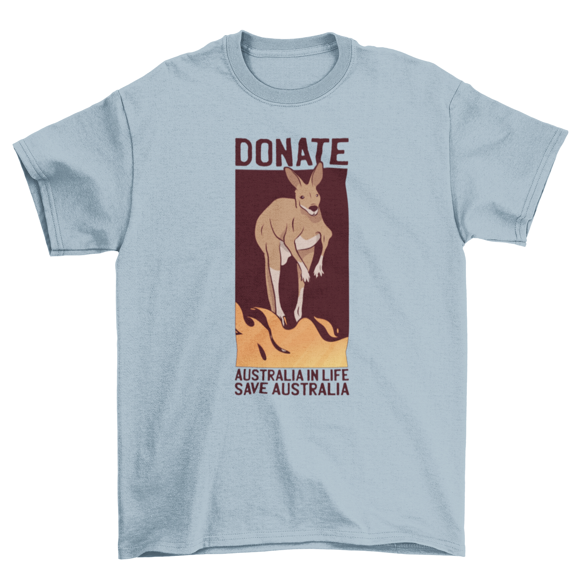 Save Australia Donate T-shirt featuring a kangaroo escaping flames with a conservation message.