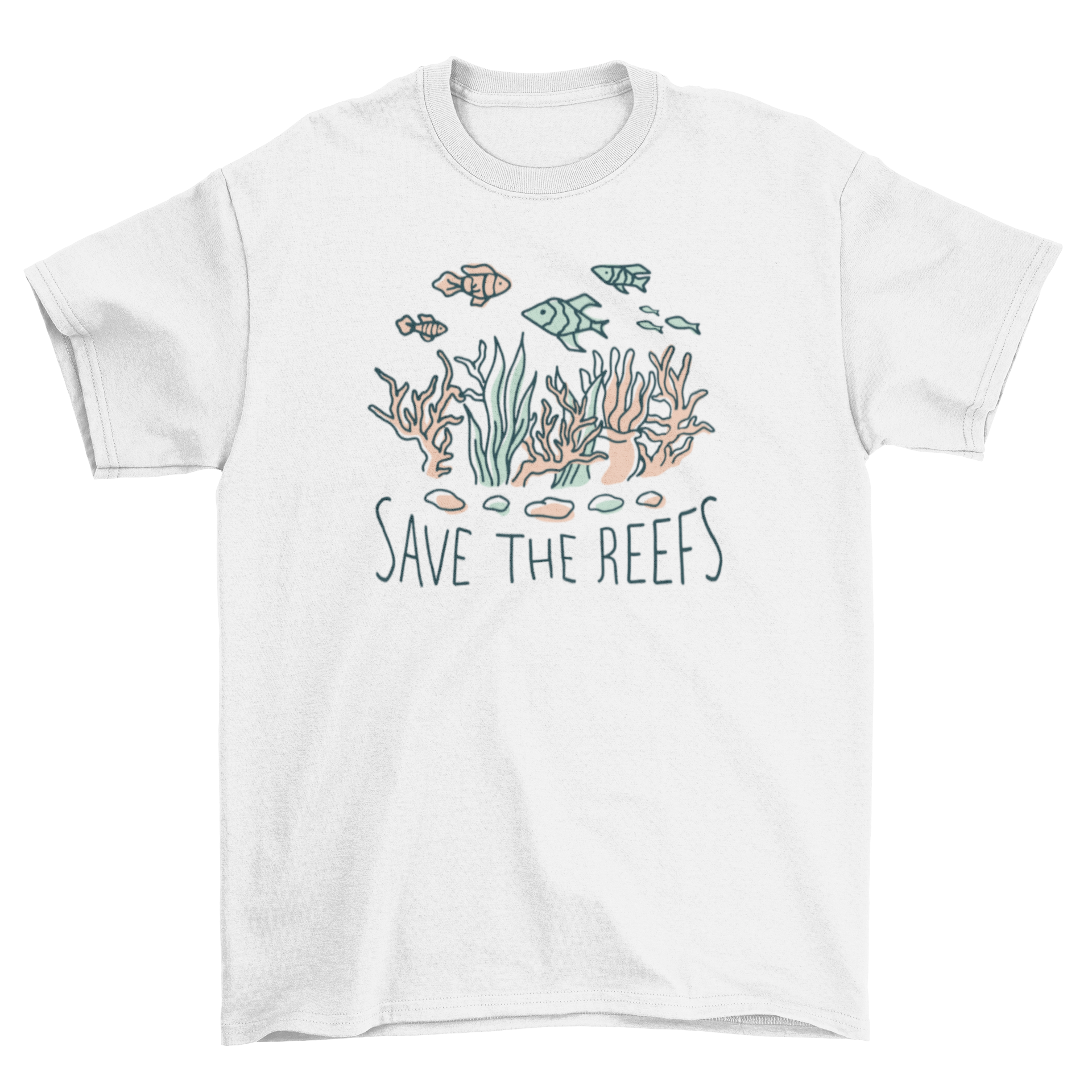 Save the Reefs t-shirt featuring a colorful coral reef design and the quote 'Save the reefs'.