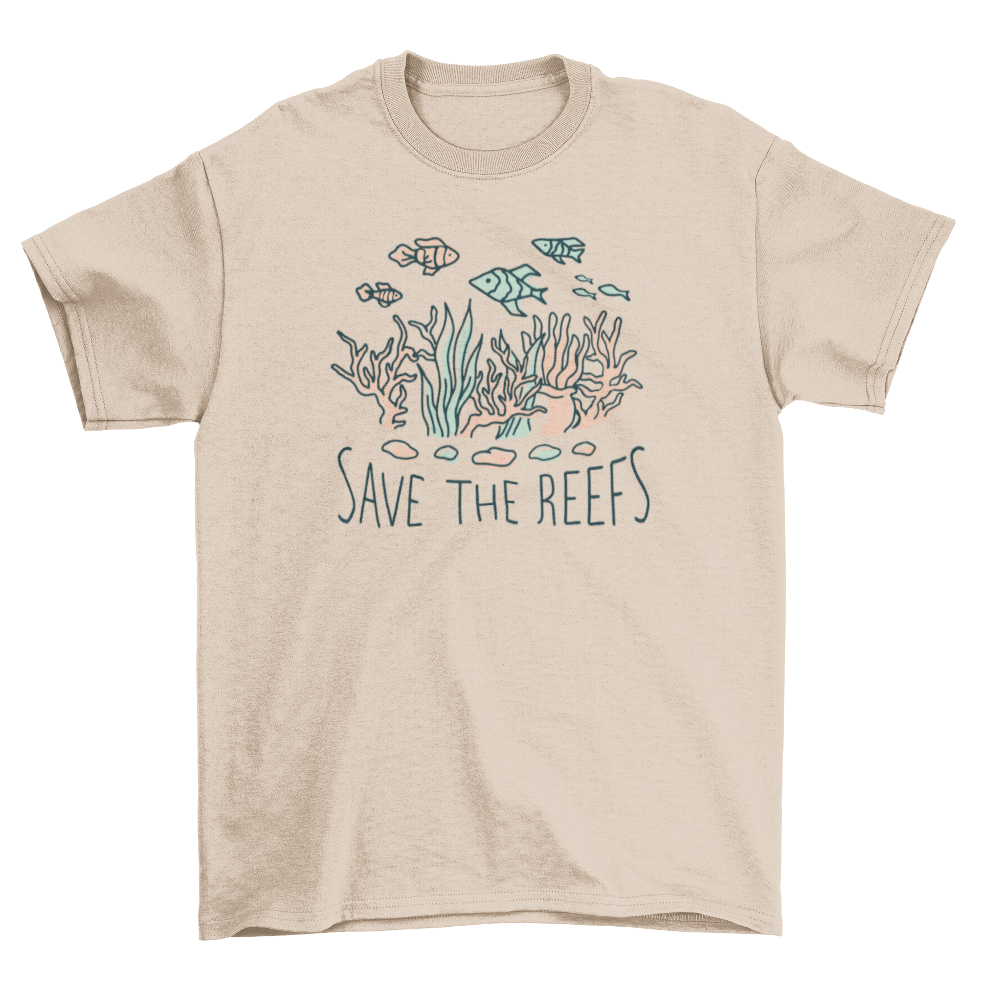 Save the Reefs t-shirt featuring a colorful coral reef design and the quote 'Save the reefs'.