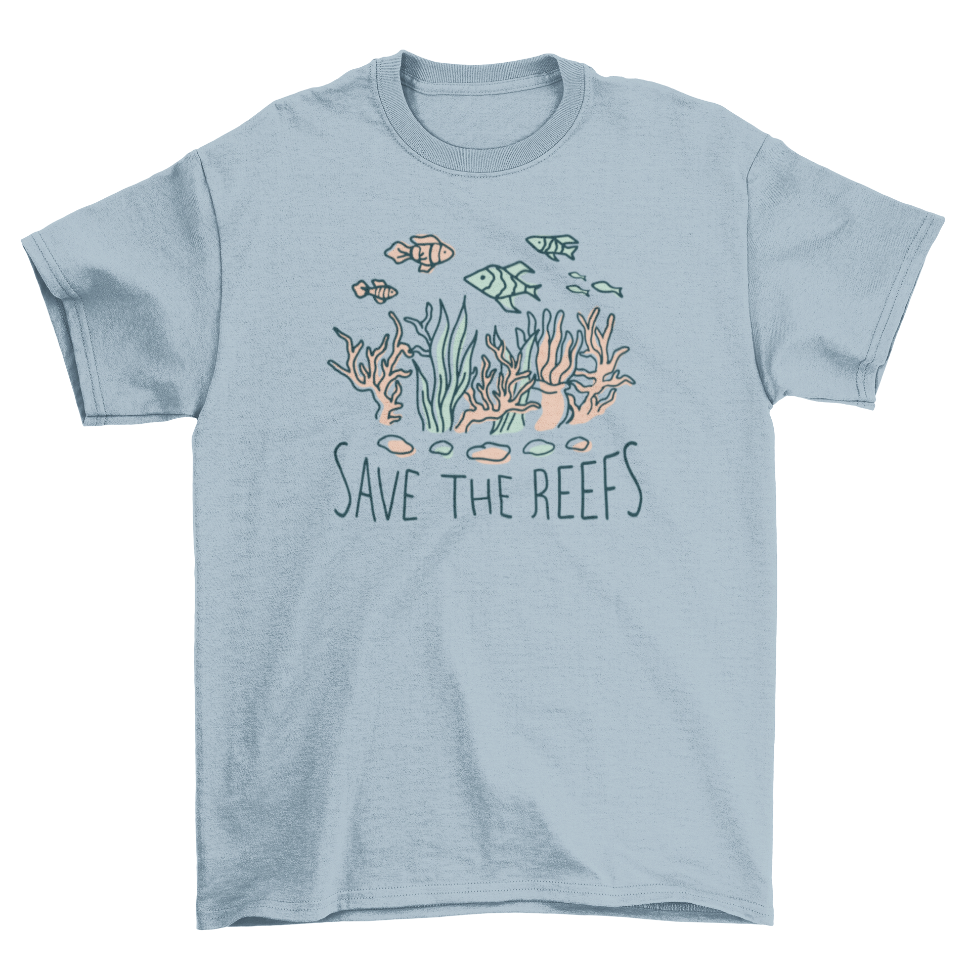 Save the Reefs t-shirt featuring a colorful coral reef design and the quote 'Save the reefs'.