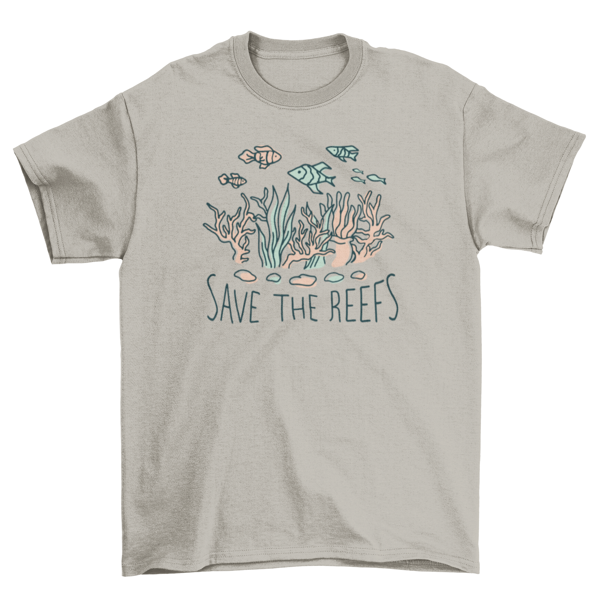 Save the Reefs t-shirt featuring a colorful coral reef design and the quote 'Save the reefs'.