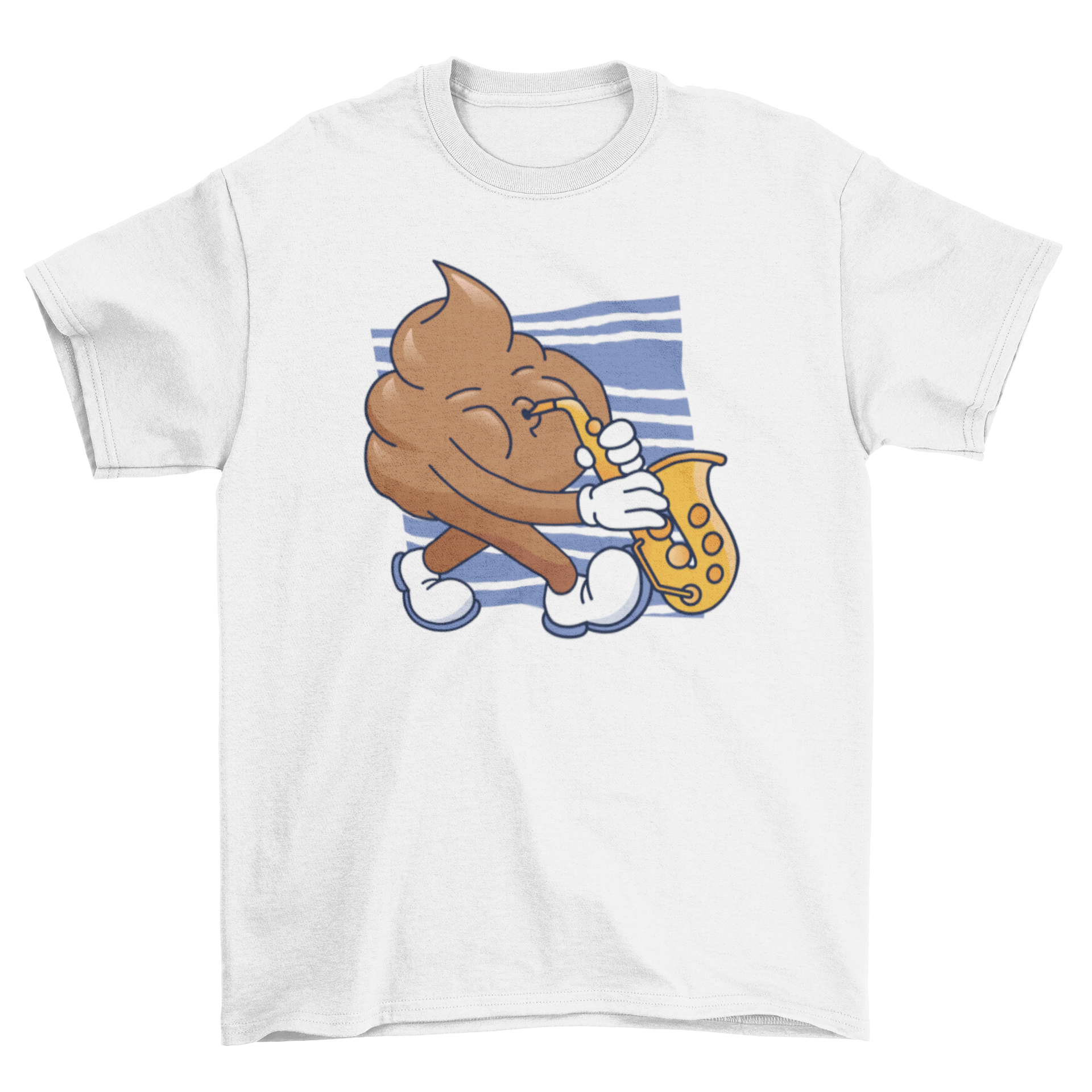 Sax Poop T-shirt featuring a playful dung character playing the saxophone in vibrant colors.