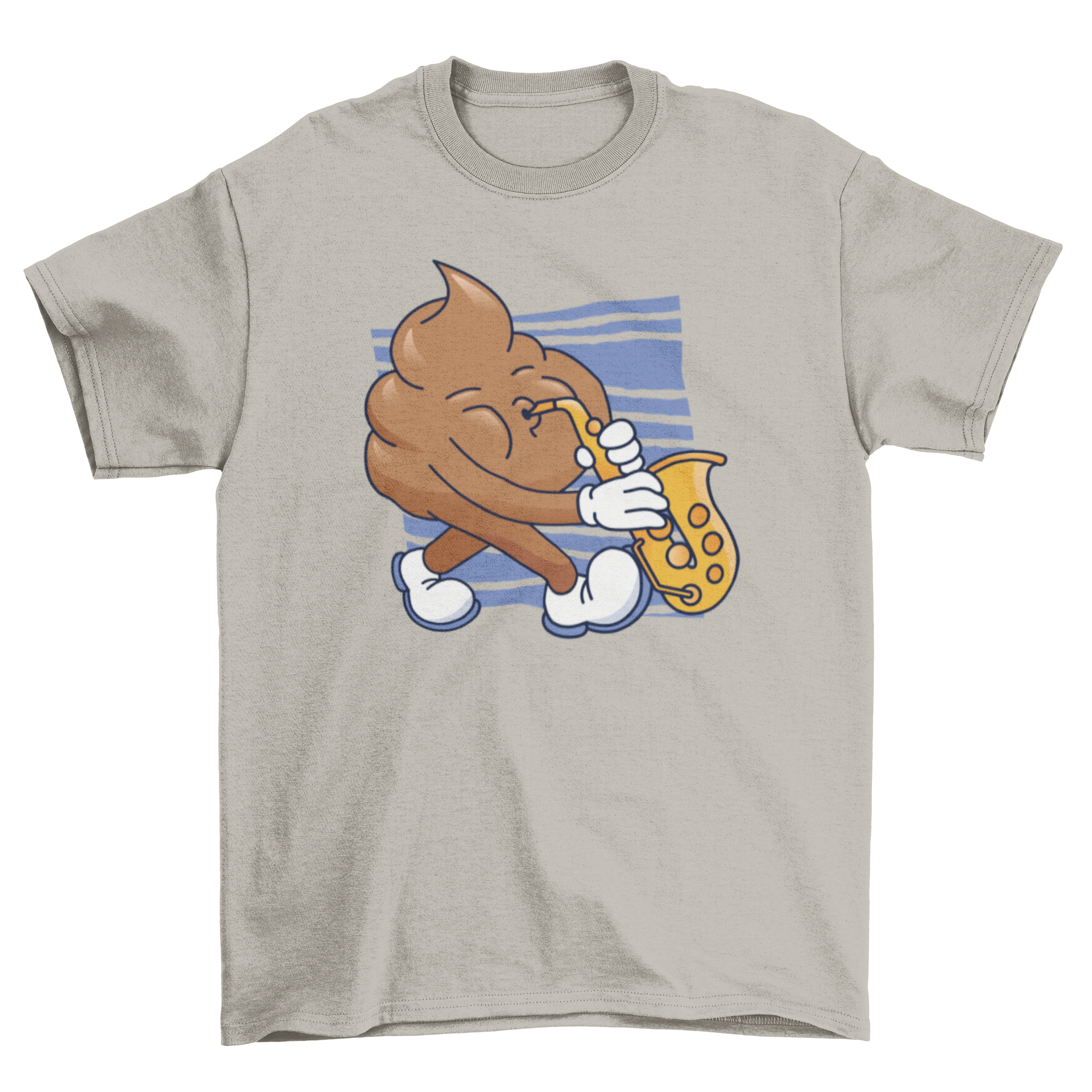 Sax Poop T-shirt featuring a playful dung character playing the saxophone in vibrant colors.