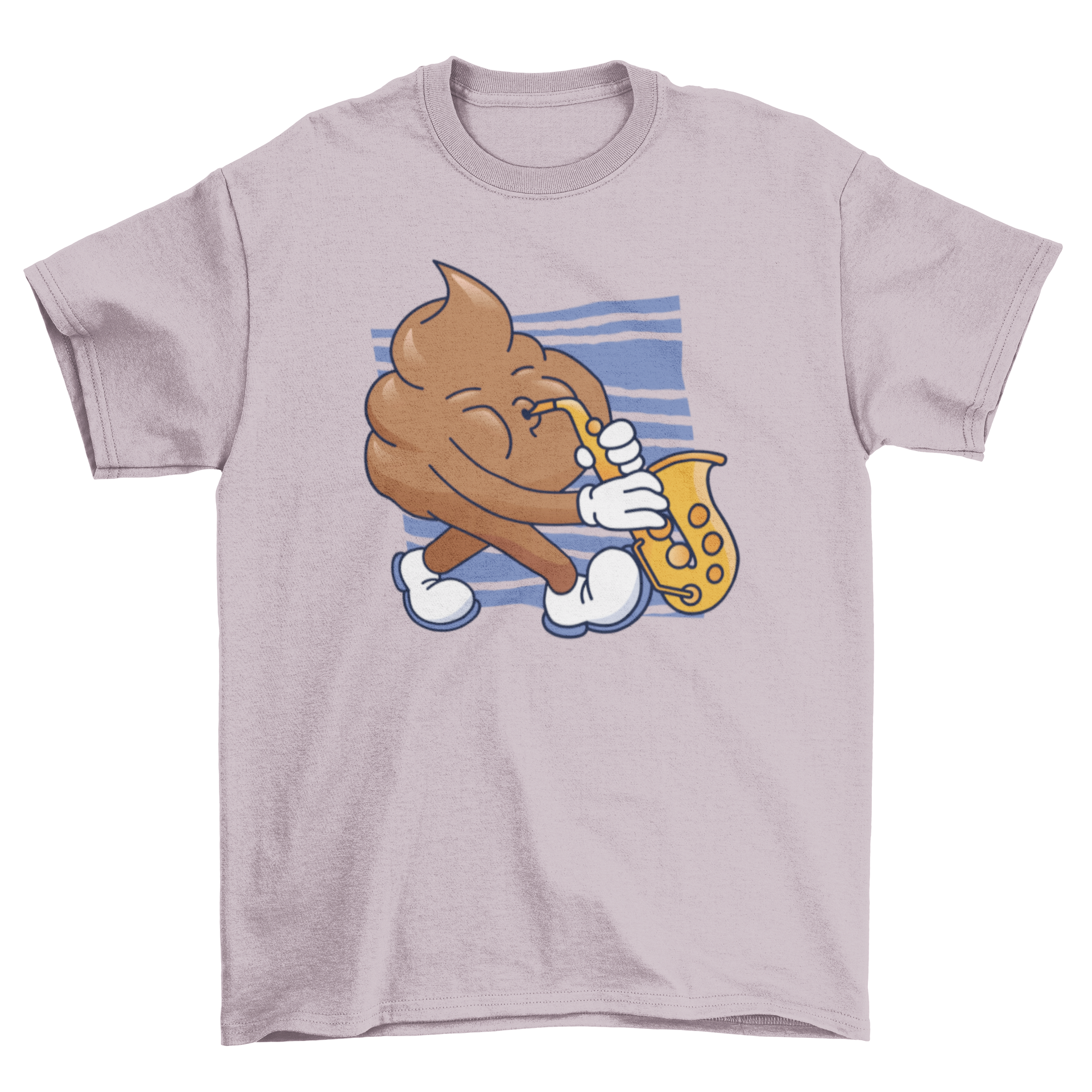 Sax Poop T-shirt featuring a playful dung character playing the saxophone in vibrant colors.