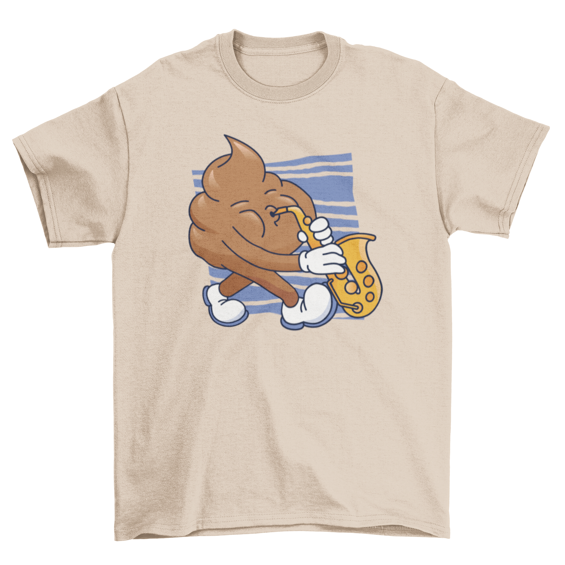 Sax Poop T-shirt featuring a playful dung character playing the saxophone in vibrant colors.