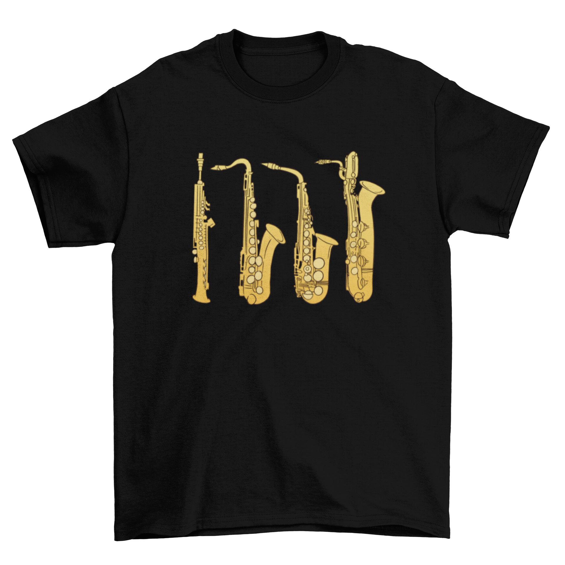 A stylish t-shirt featuring an artistic illustration of the saxophone family, showcasing various saxophone types.