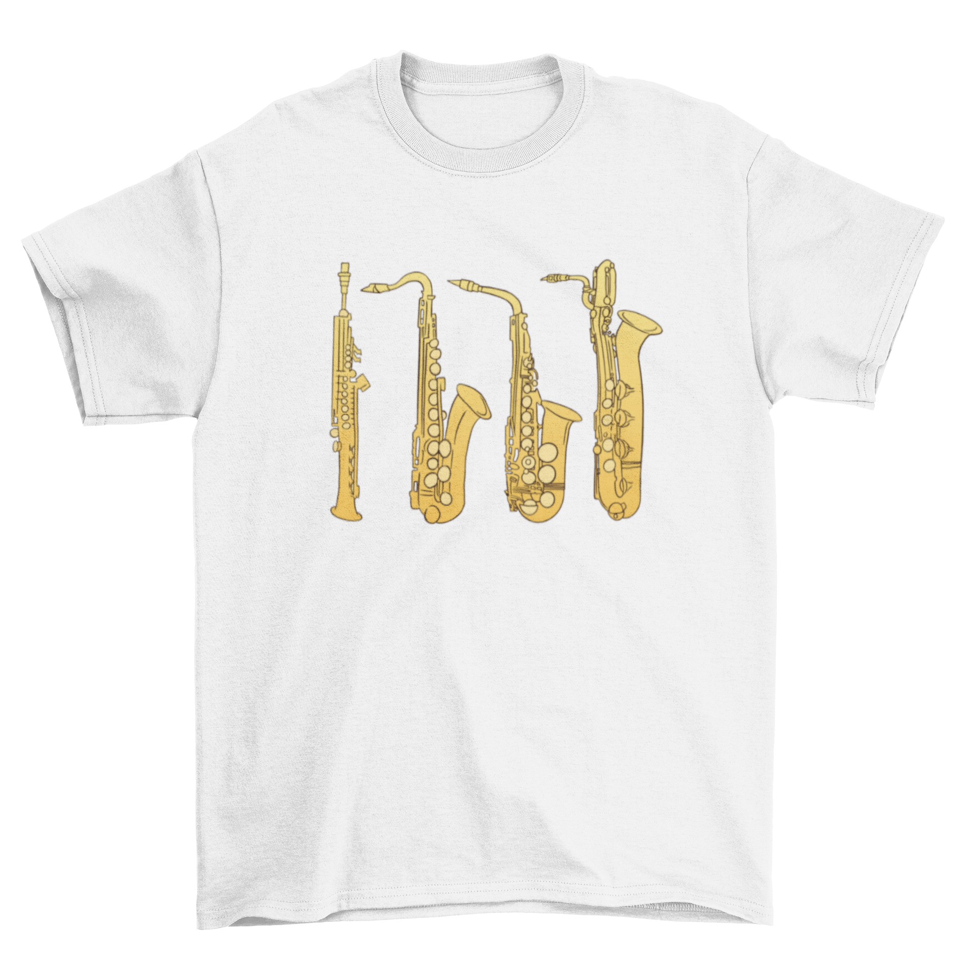 A stylish t-shirt featuring an artistic illustration of the saxophone family, showcasing various saxophone types.