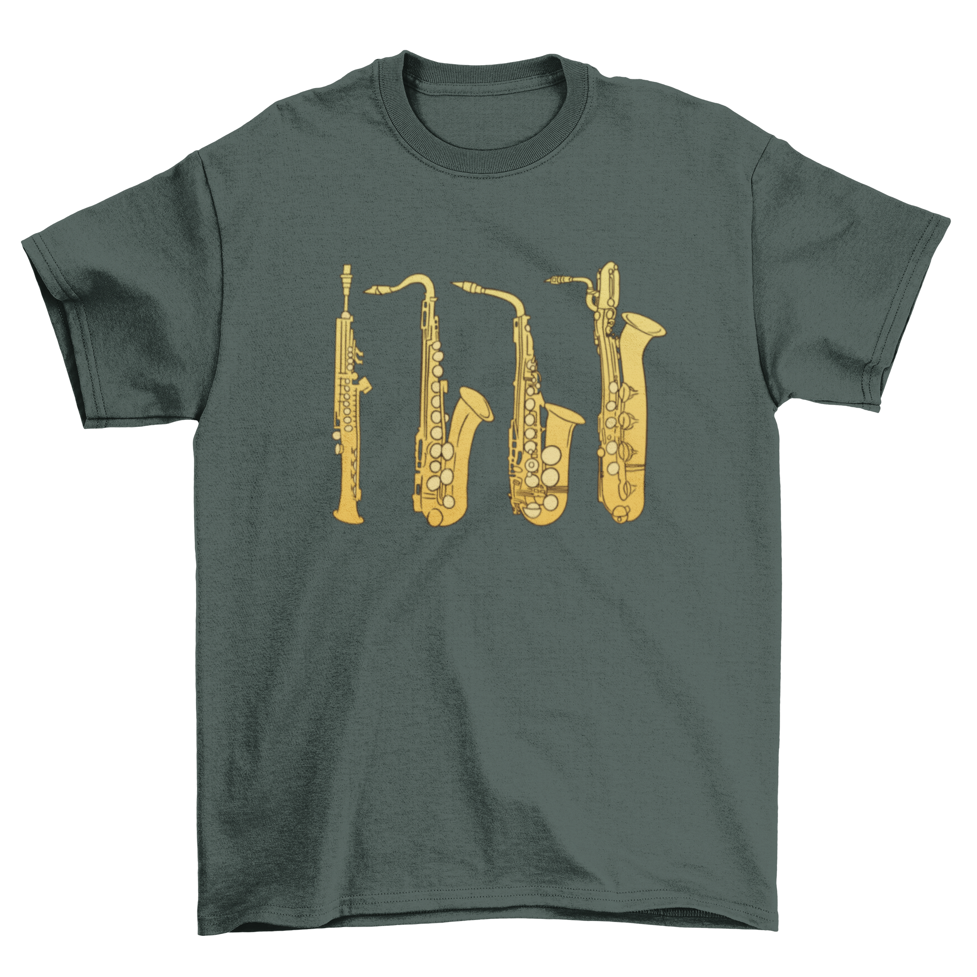 A stylish t-shirt featuring an artistic illustration of the saxophone family, showcasing various saxophone types.