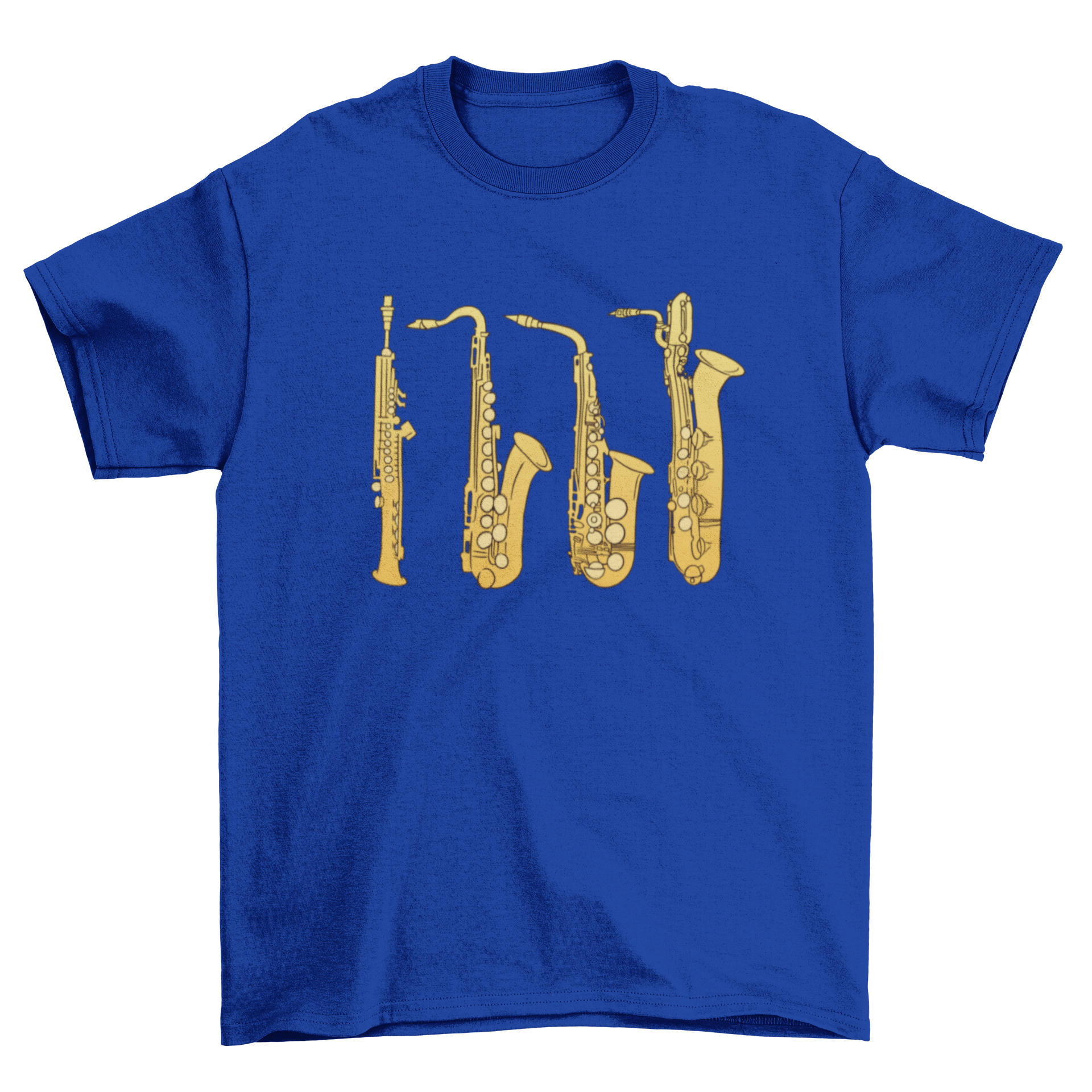 A stylish t-shirt featuring an artistic illustration of the saxophone family, showcasing various saxophone types.