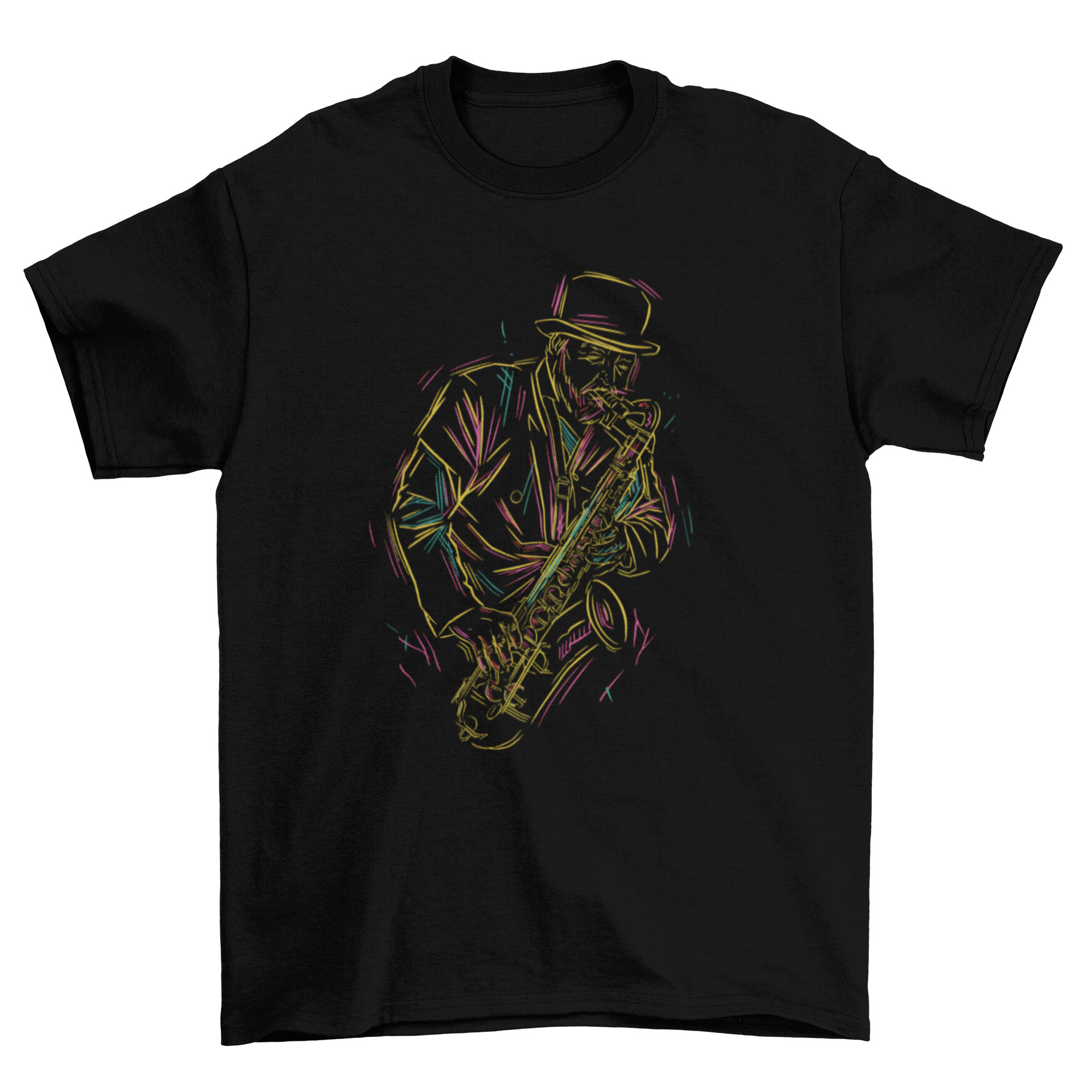 A stylish t-shirt featuring a graphic of a man playing the saxophone, perfect for music lovers.