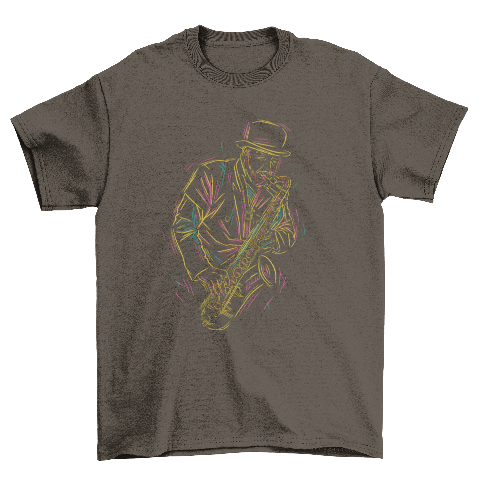 A stylish t-shirt featuring a graphic of a man playing the saxophone, perfect for music lovers.