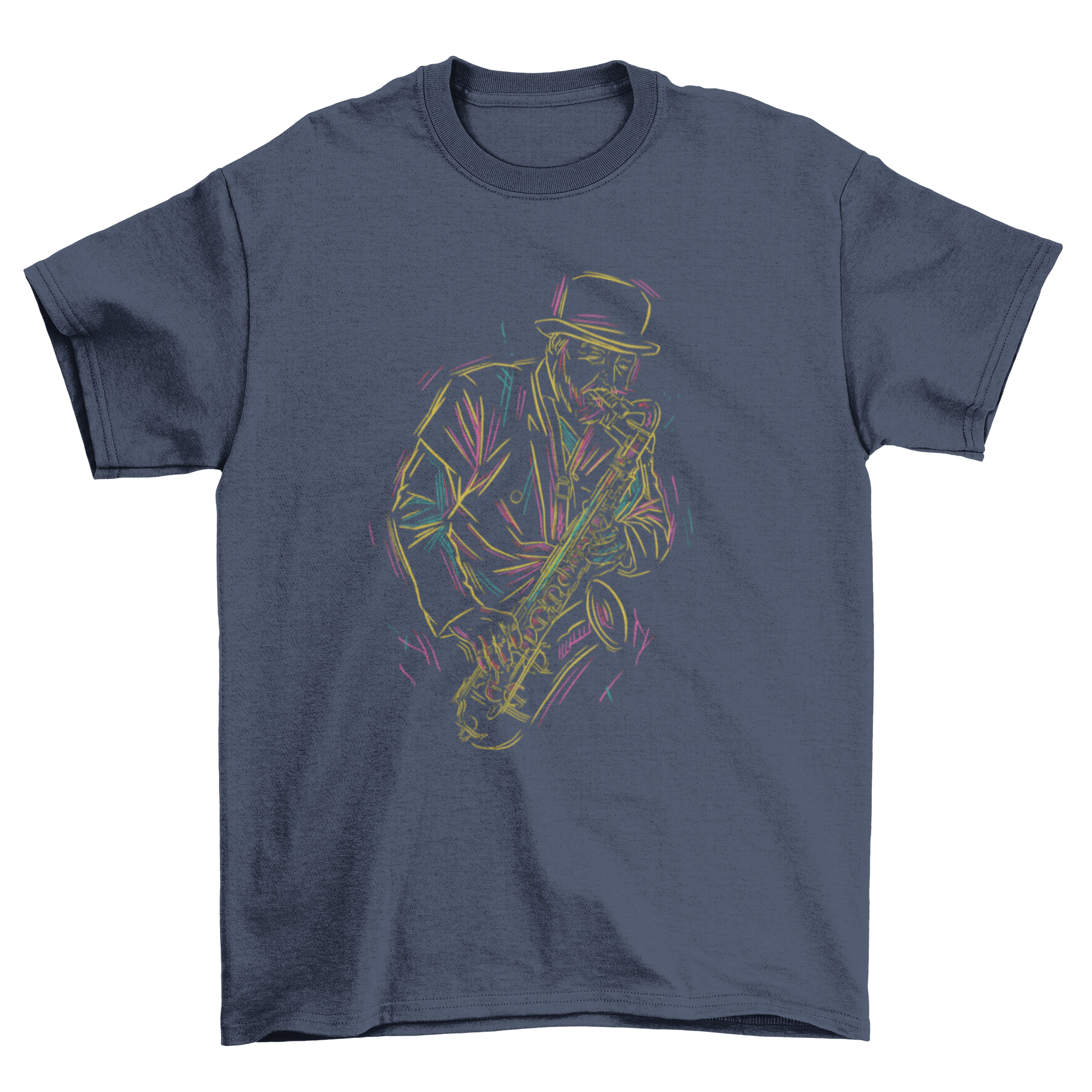 A stylish t-shirt featuring a graphic of a man playing the saxophone, perfect for music lovers.