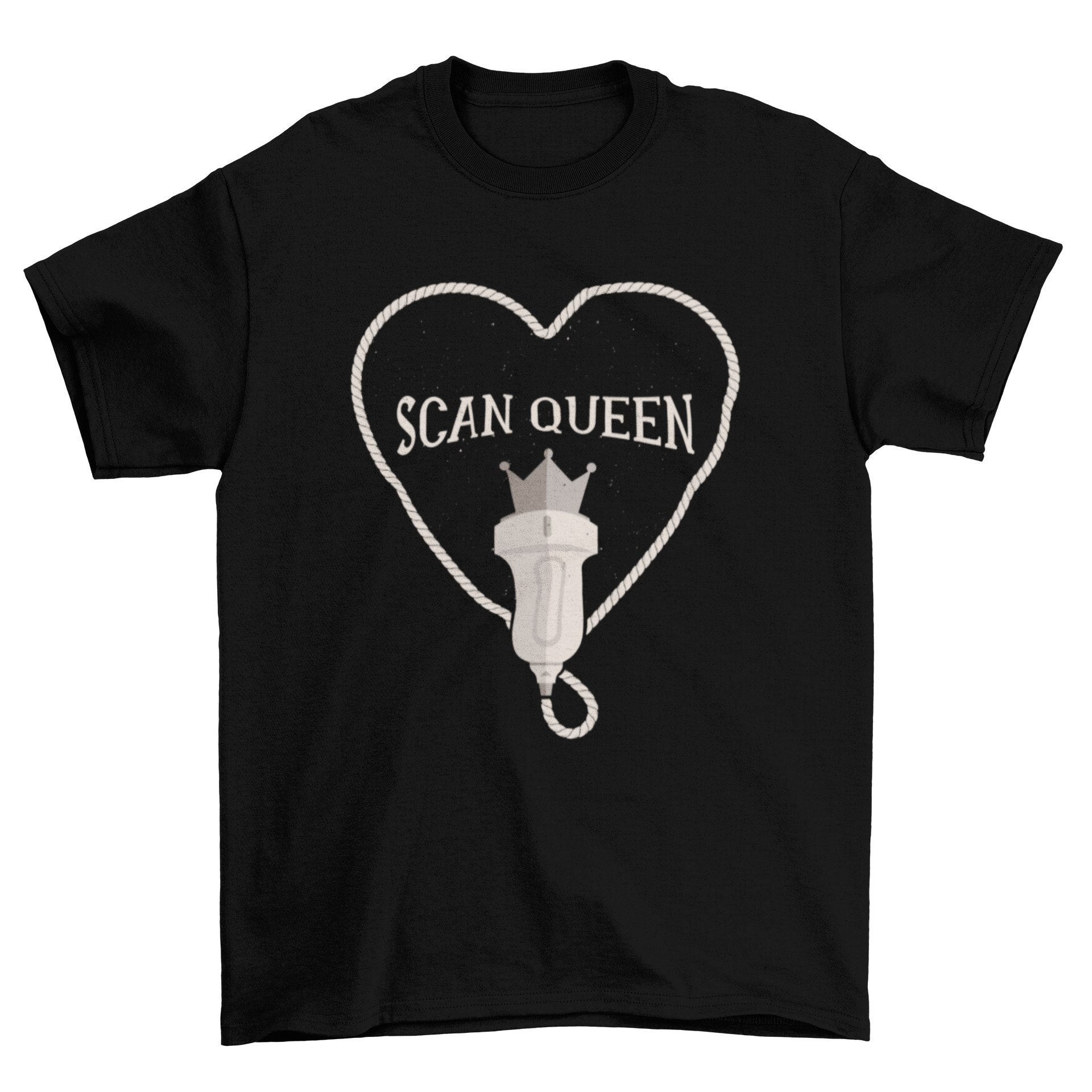 Funny t-shirt featuring an ultrasound scanner forming a heart with the quote 'SCAN QUEEN'.