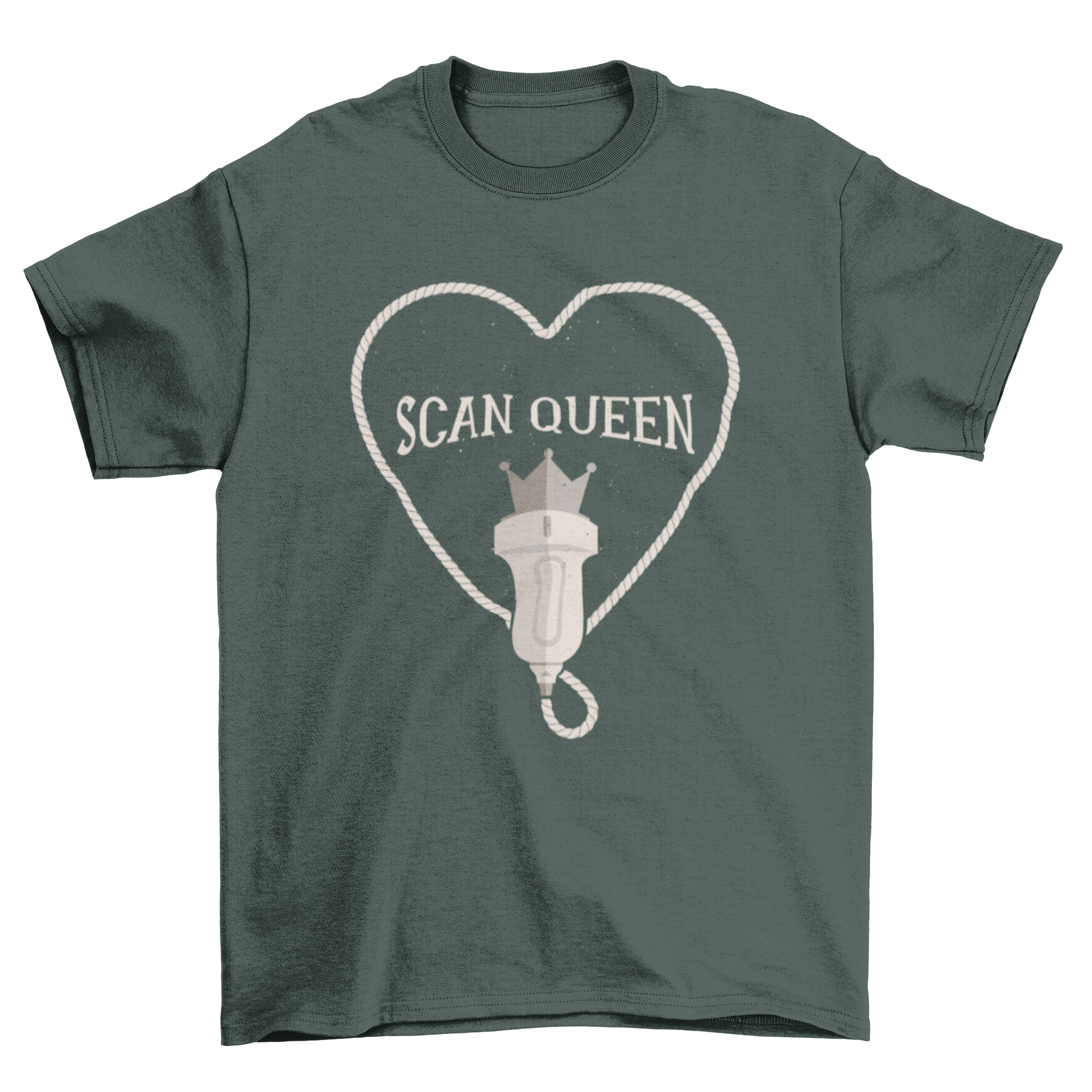 Funny t-shirt featuring an ultrasound scanner forming a heart with the quote 'SCAN QUEEN'.