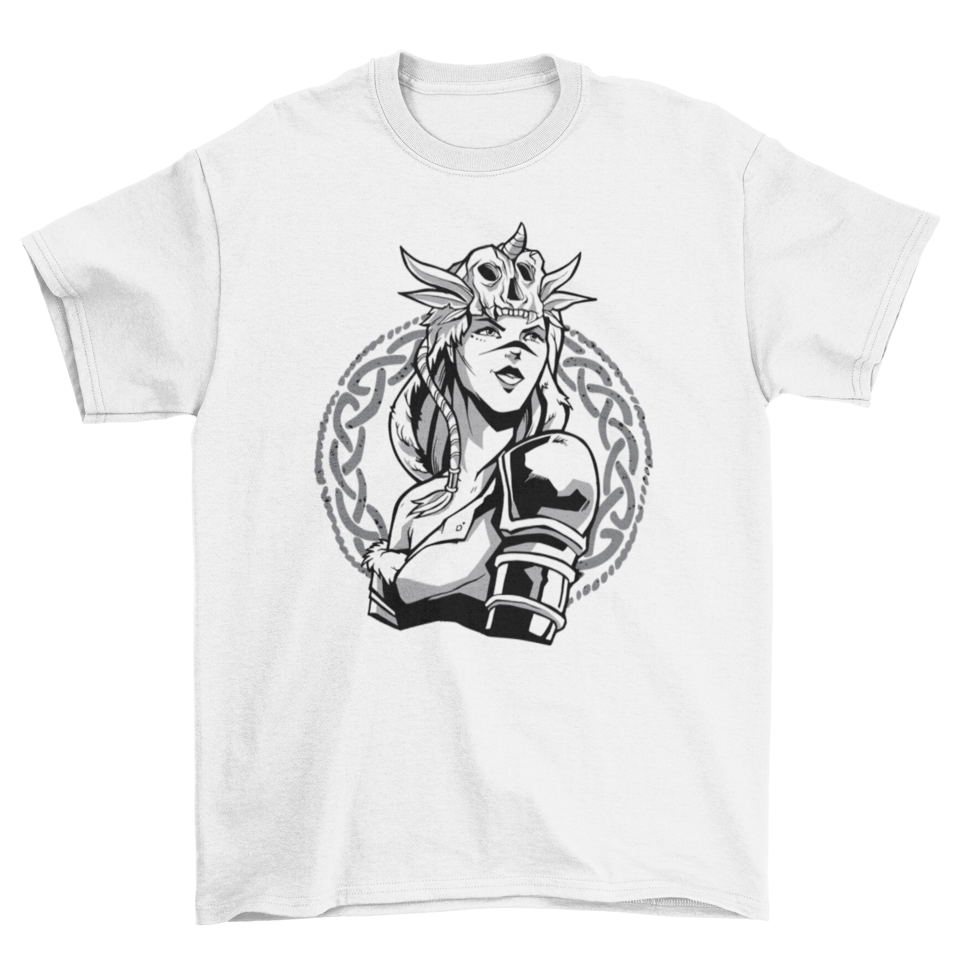 A stylish t-shirt featuring a woman warrior in Scandinavian armor, showcasing strength and cultural heritage.