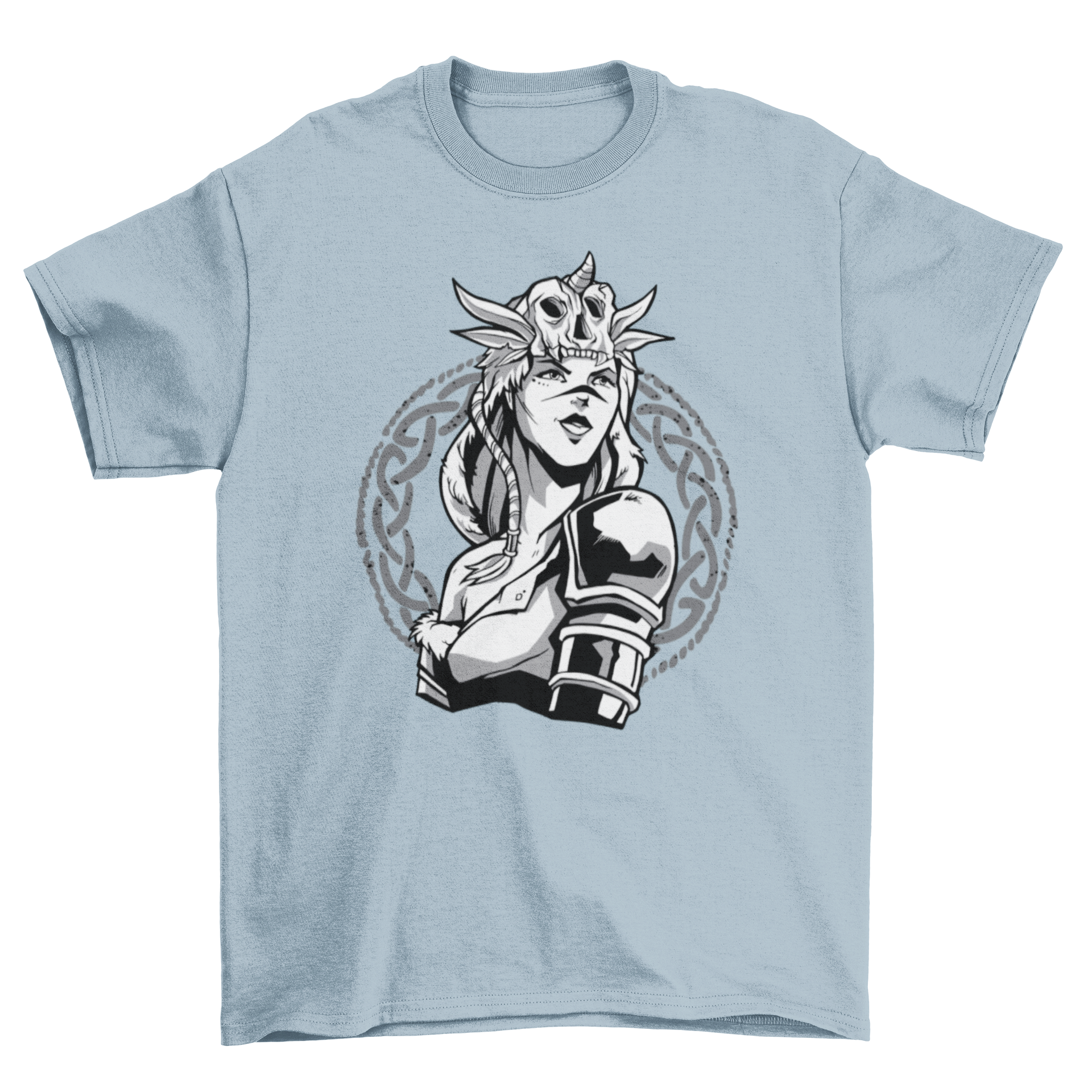 A stylish t-shirt featuring a woman warrior in Scandinavian armor, showcasing strength and cultural heritage.