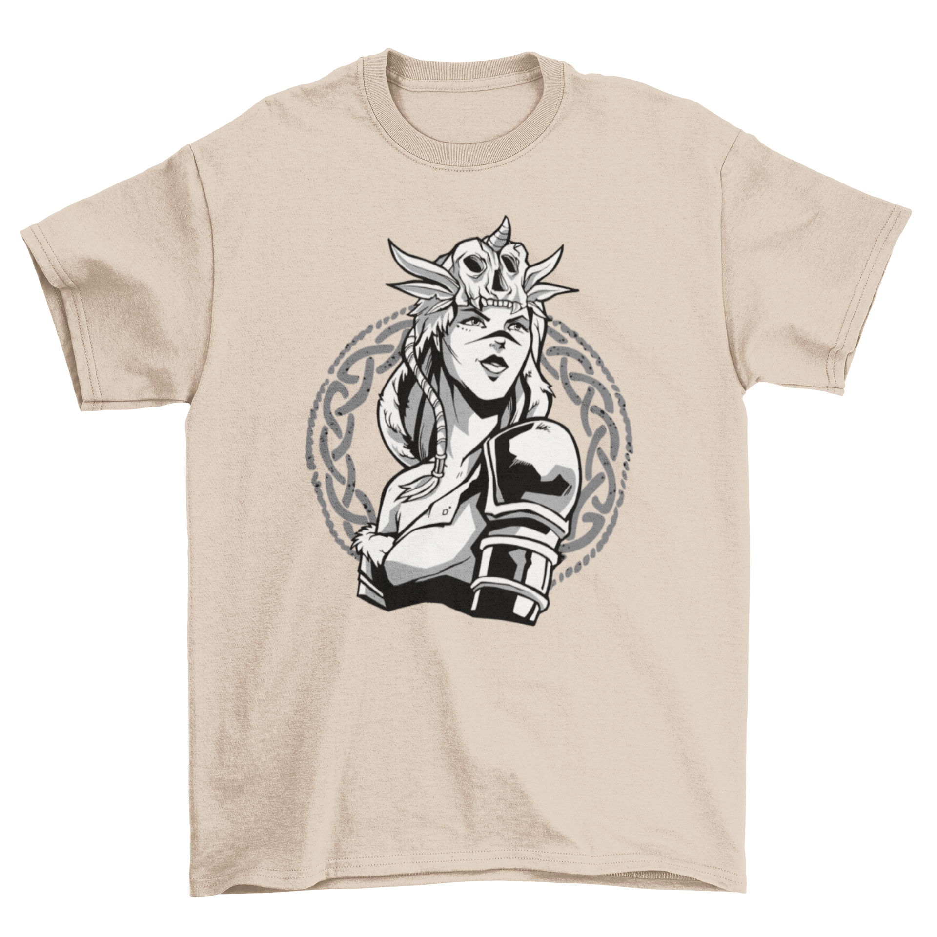 A stylish t-shirt featuring a woman warrior in Scandinavian armor, showcasing strength and cultural heritage.