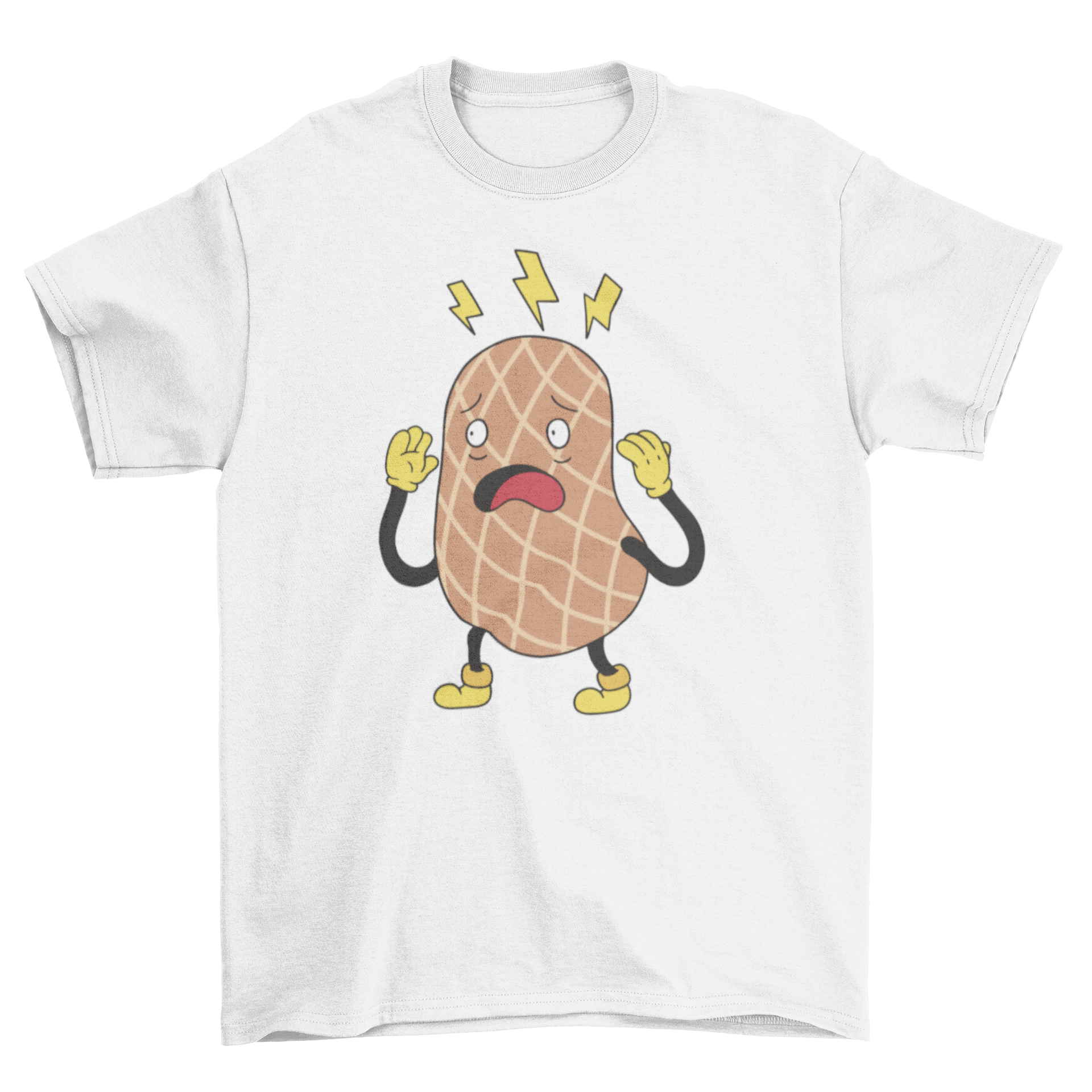 A playful cartoon t-shirt featuring a scared peanut character, showcasing its vibrant colors and unique design.