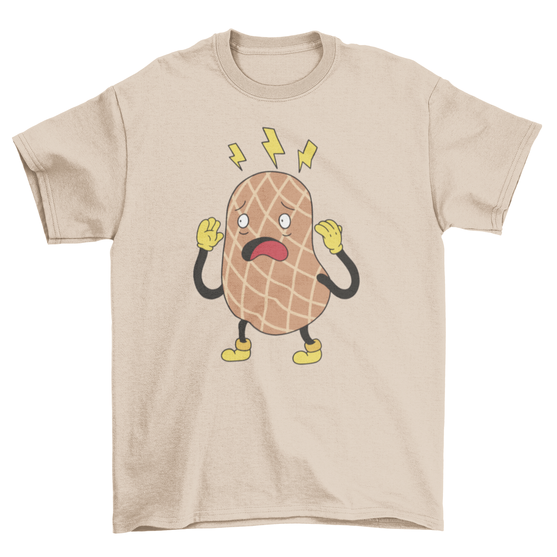 A playful cartoon t-shirt featuring a scared peanut character, showcasing its vibrant colors and unique design.