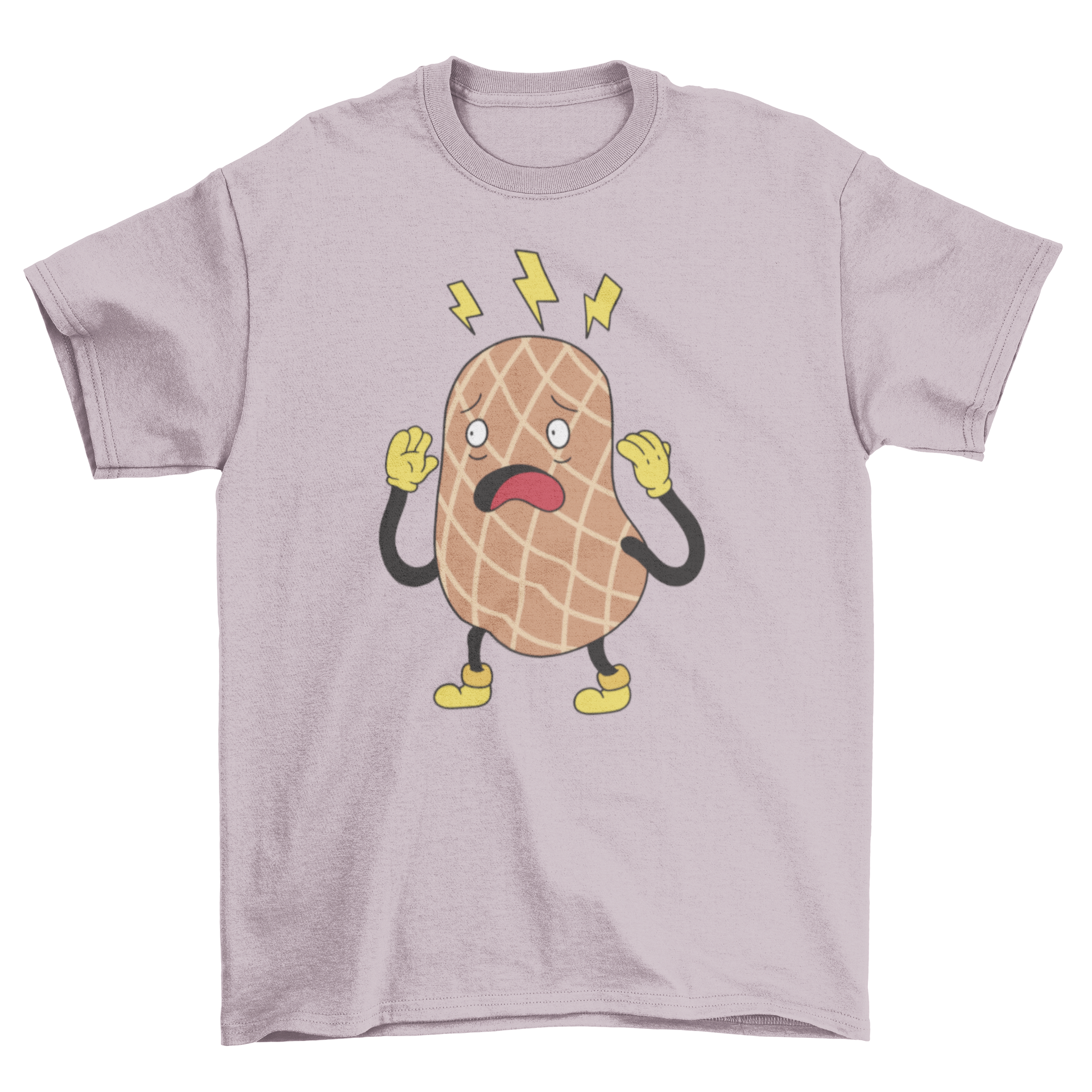 A playful cartoon t-shirt featuring a scared peanut character, showcasing its vibrant colors and unique design.