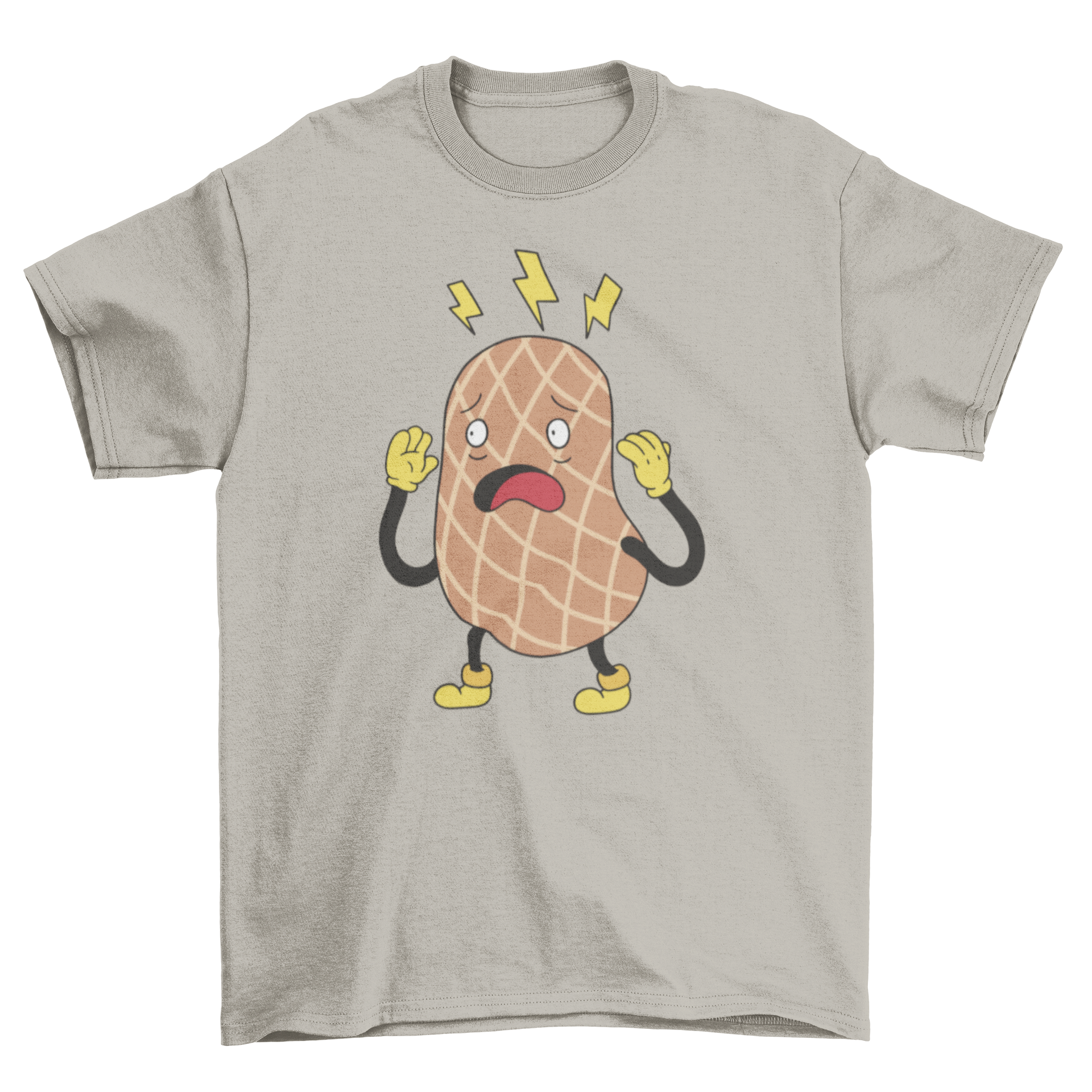 A playful cartoon t-shirt featuring a scared peanut character, showcasing its vibrant colors and unique design.