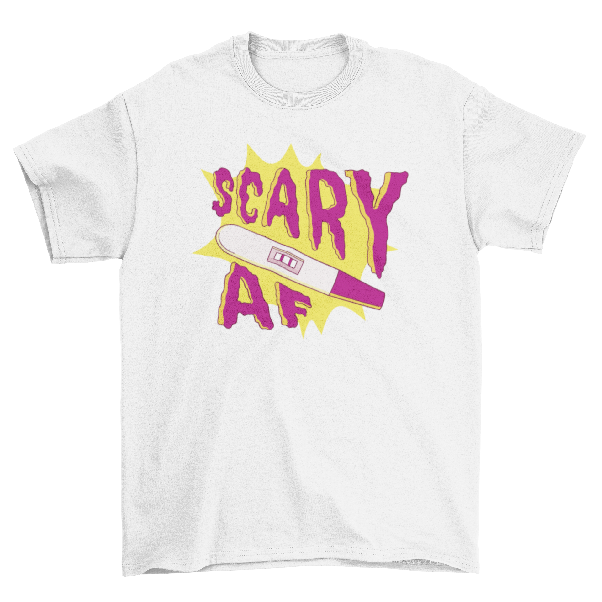 A humorous t-shirt featuring an illustration of a pregnancy test with the quote 'Scary AF', perfect for expecting parents.