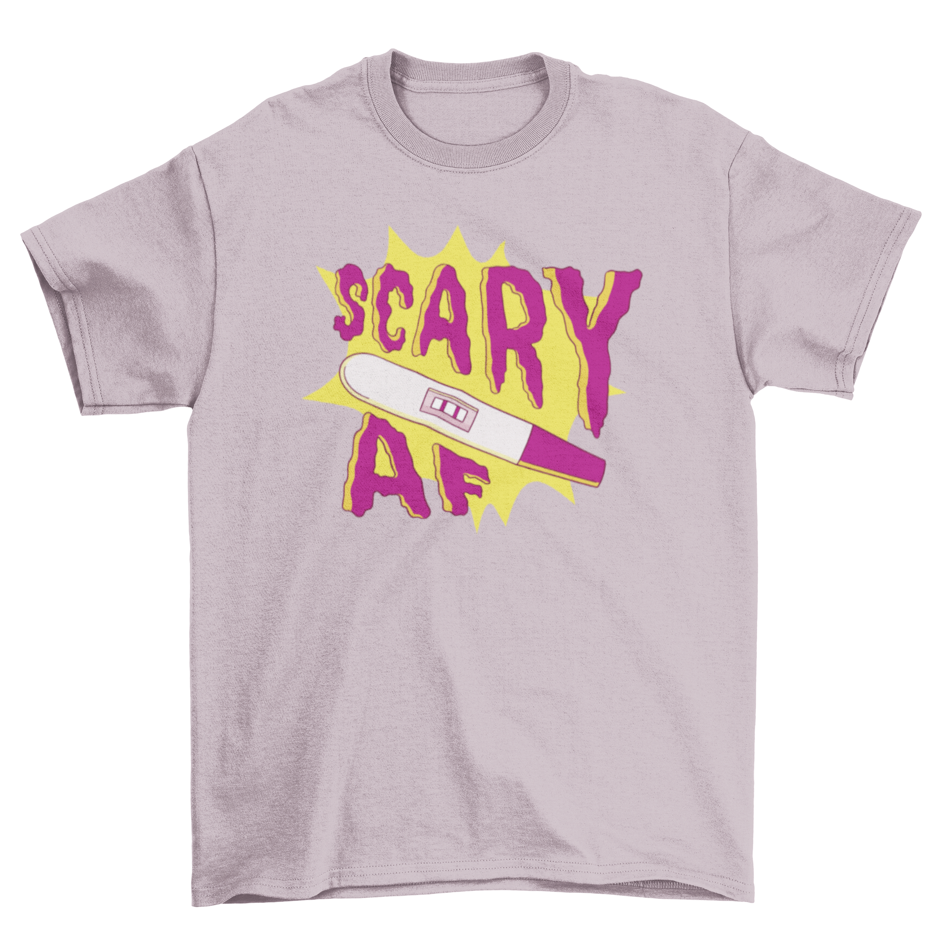 A humorous t-shirt featuring an illustration of a pregnancy test with the quote 'Scary AF', perfect for expecting parents.