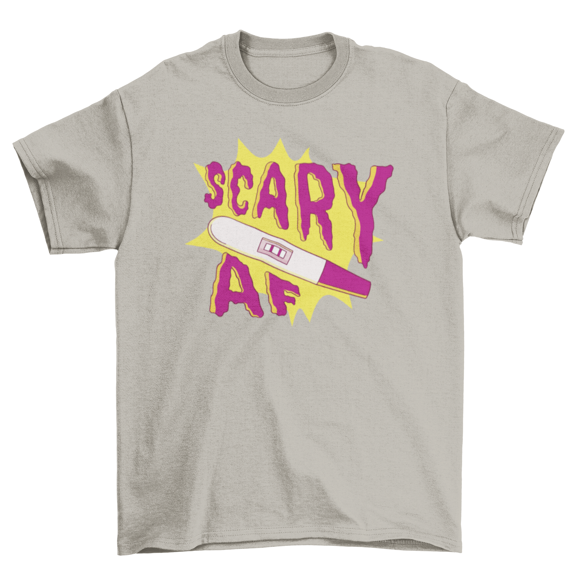 A humorous t-shirt featuring an illustration of a pregnancy test with the quote 'Scary AF', perfect for expecting parents.