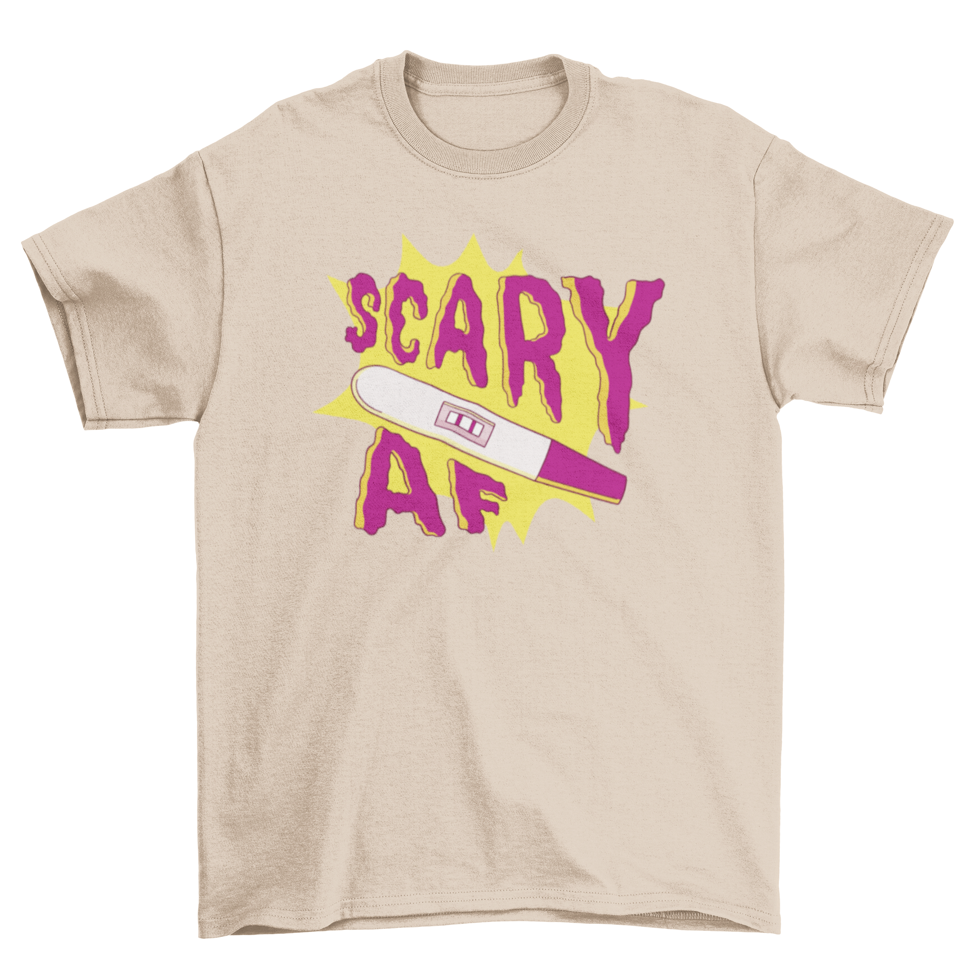 A humorous t-shirt featuring an illustration of a pregnancy test with the quote 'Scary AF', perfect for expecting parents.