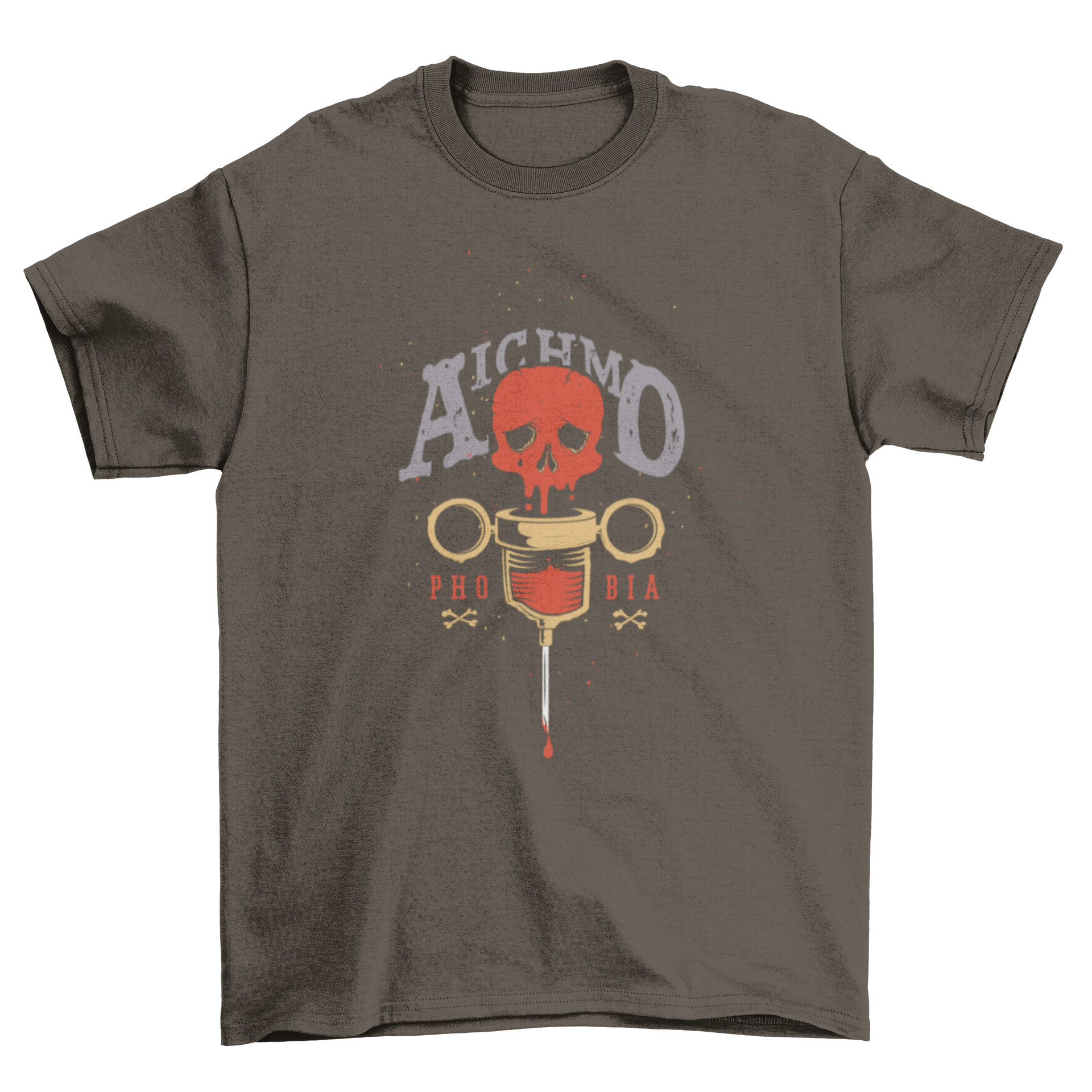 Scary Aichmophobia t-shirt featuring a skull dripping blood and an old syringe design.