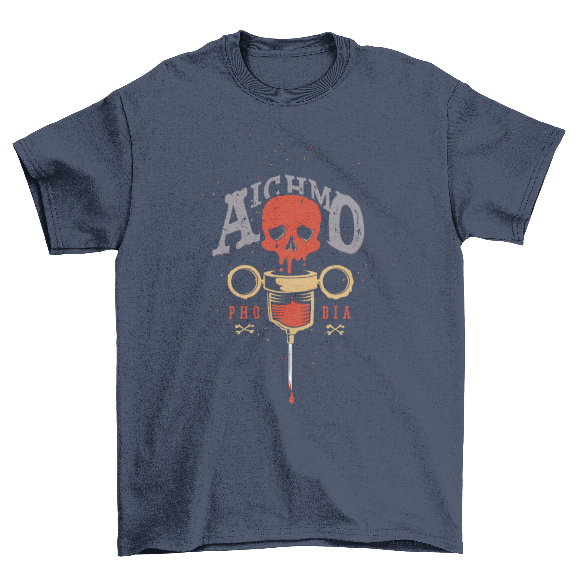 Scary Aichmophobia t-shirt featuring a skull dripping blood and an old syringe design.