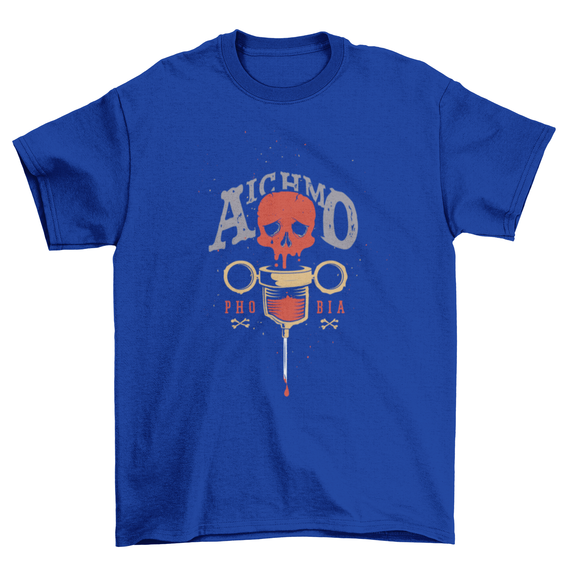 Scary Aichmophobia t-shirt featuring a skull dripping blood and an old syringe design.